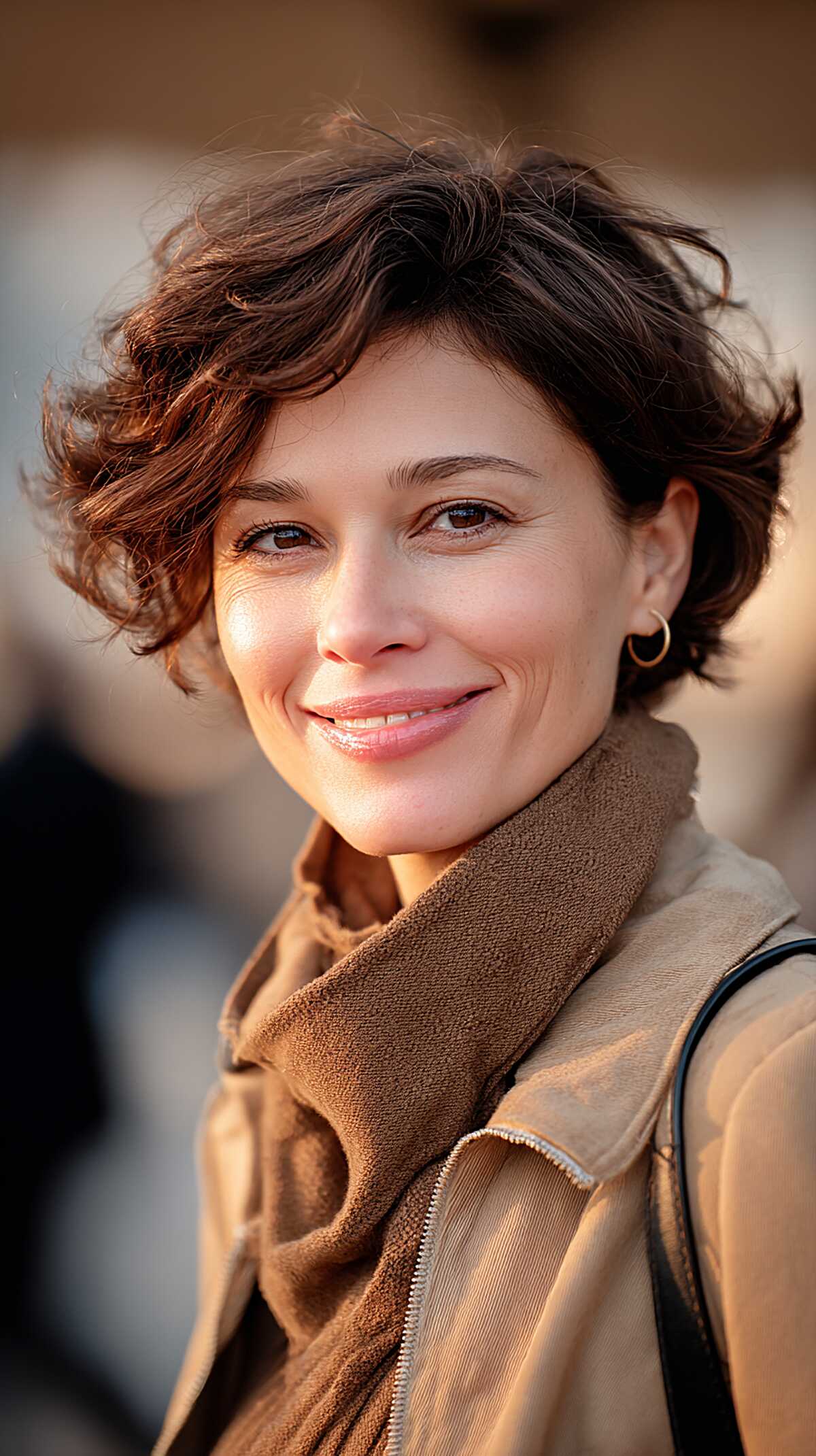 Short wavy brunette crop with soft face-framing curls