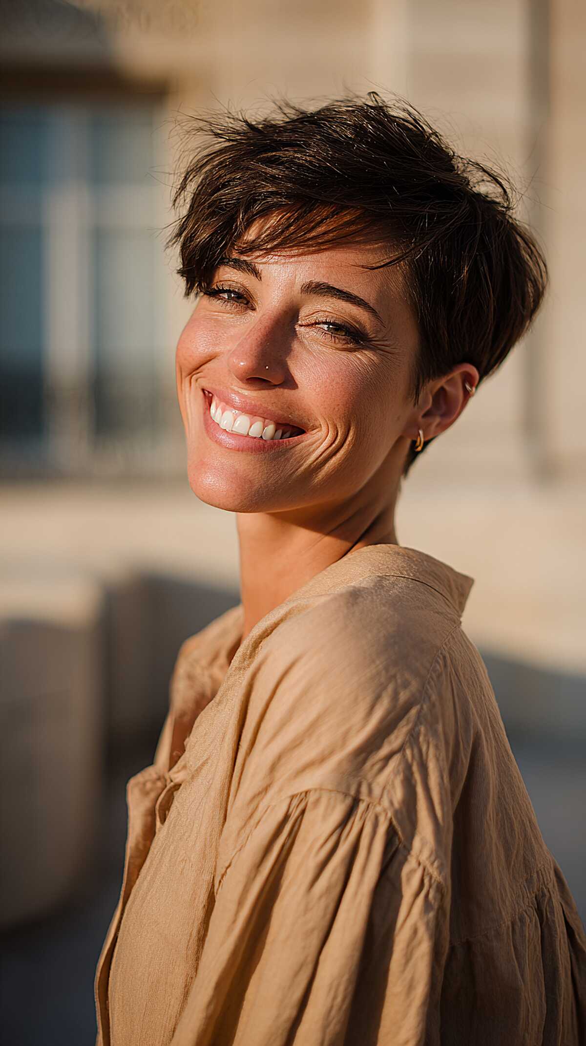 Dark brunette pixie with windswept texture on top