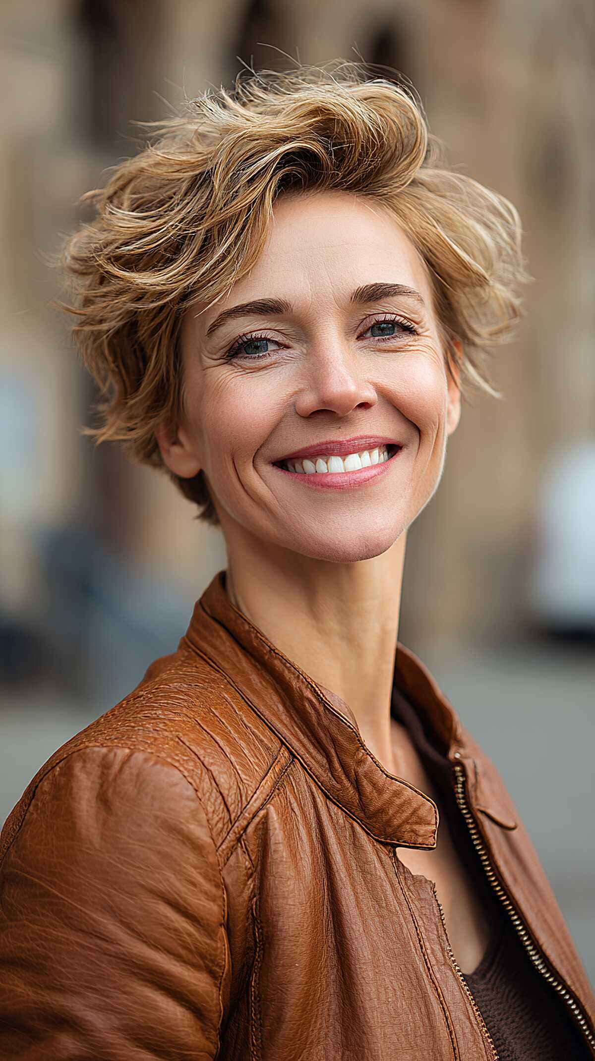 Windswept honey blonde pixie with volume on top