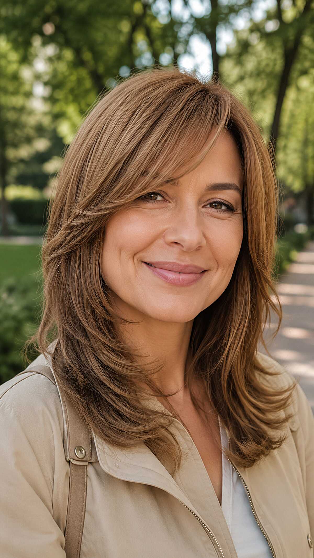 Light Caramel Medium Layers with Feathered Side Bang