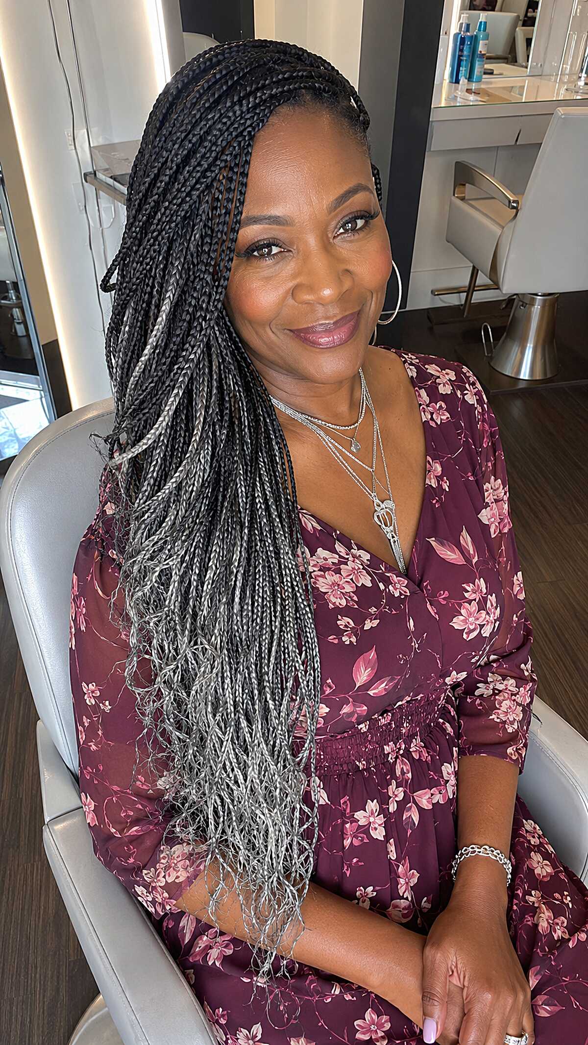 Long knotless braids with black to silver ombré