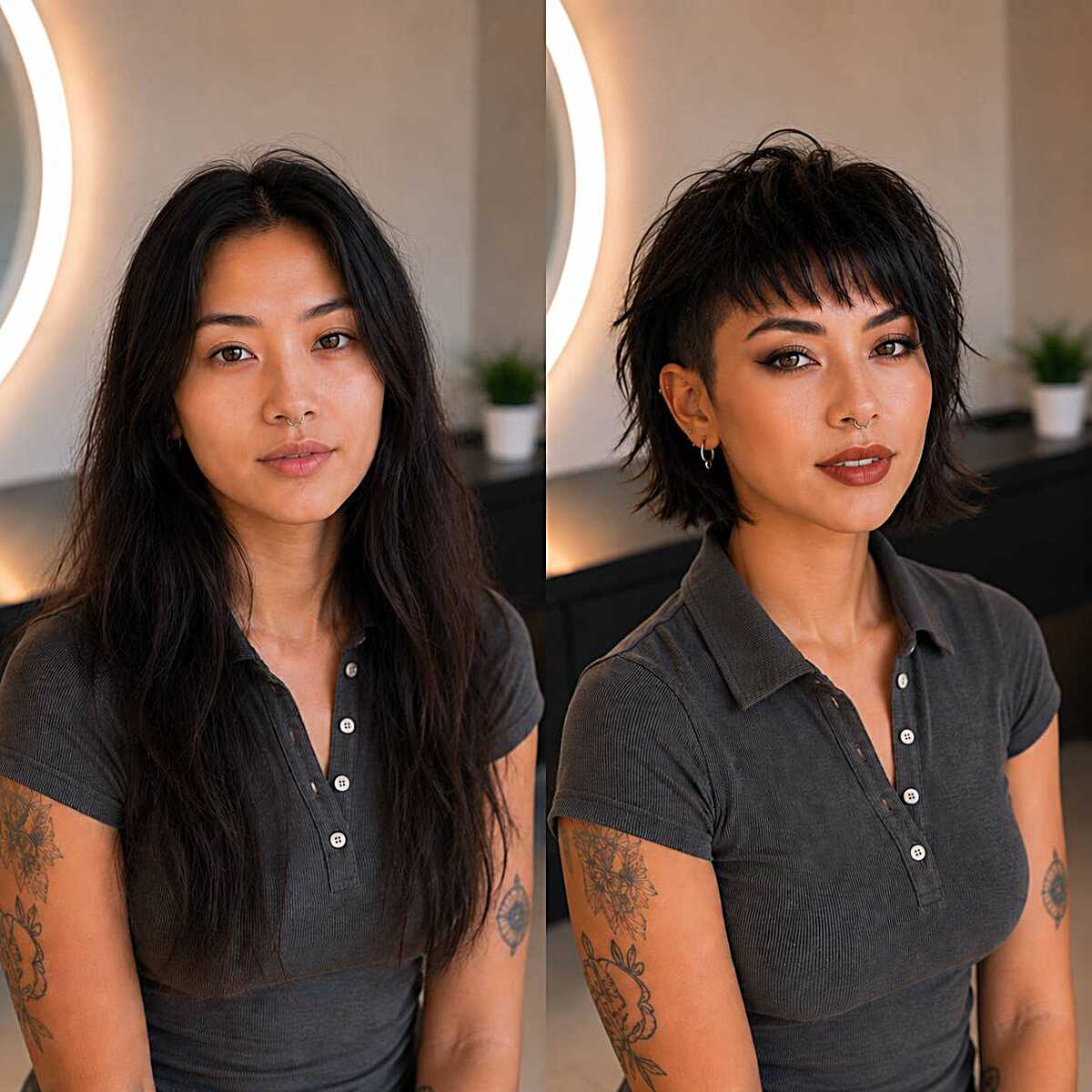Before and after long hair to textured shag mullet with bangs