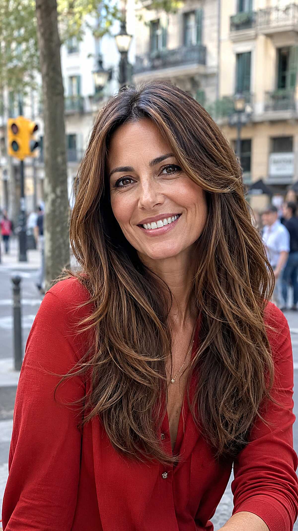 Long Tousled Brunette Layers with Caramel Highlights