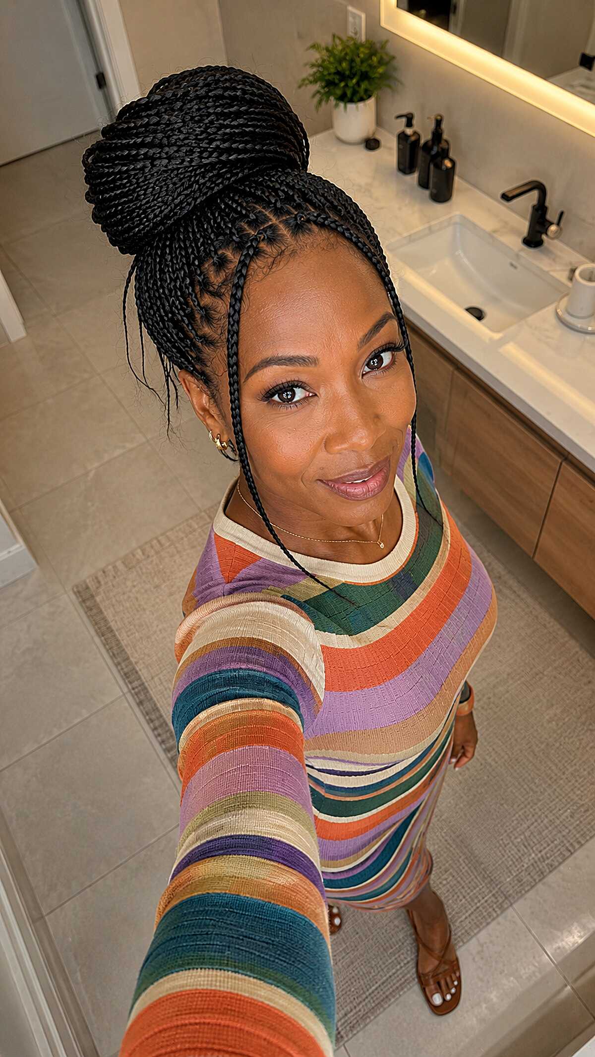 Medium knotless braids styled in a sculpted high bun