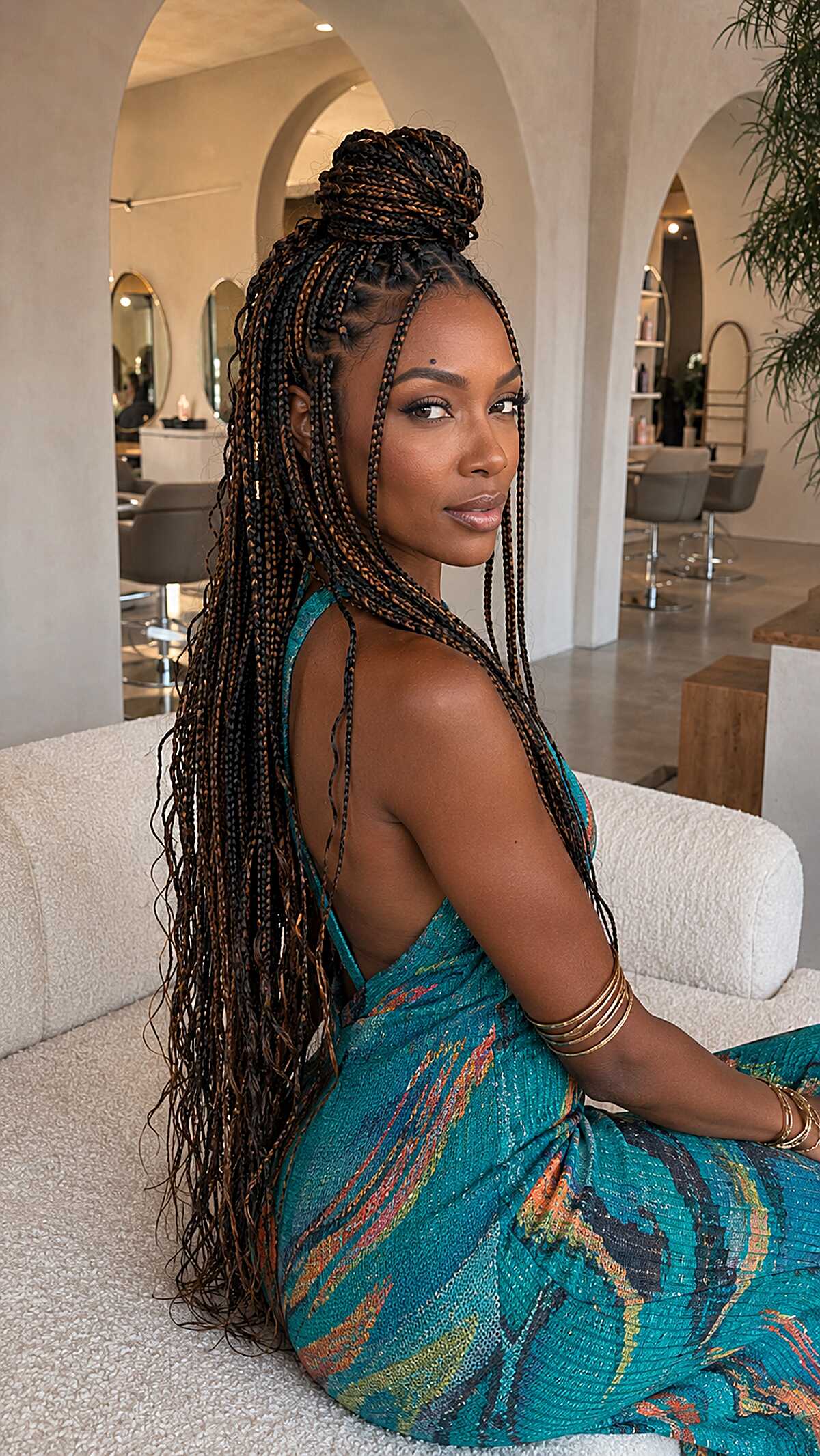 Mixed brown and black knotless braids in a top knot
