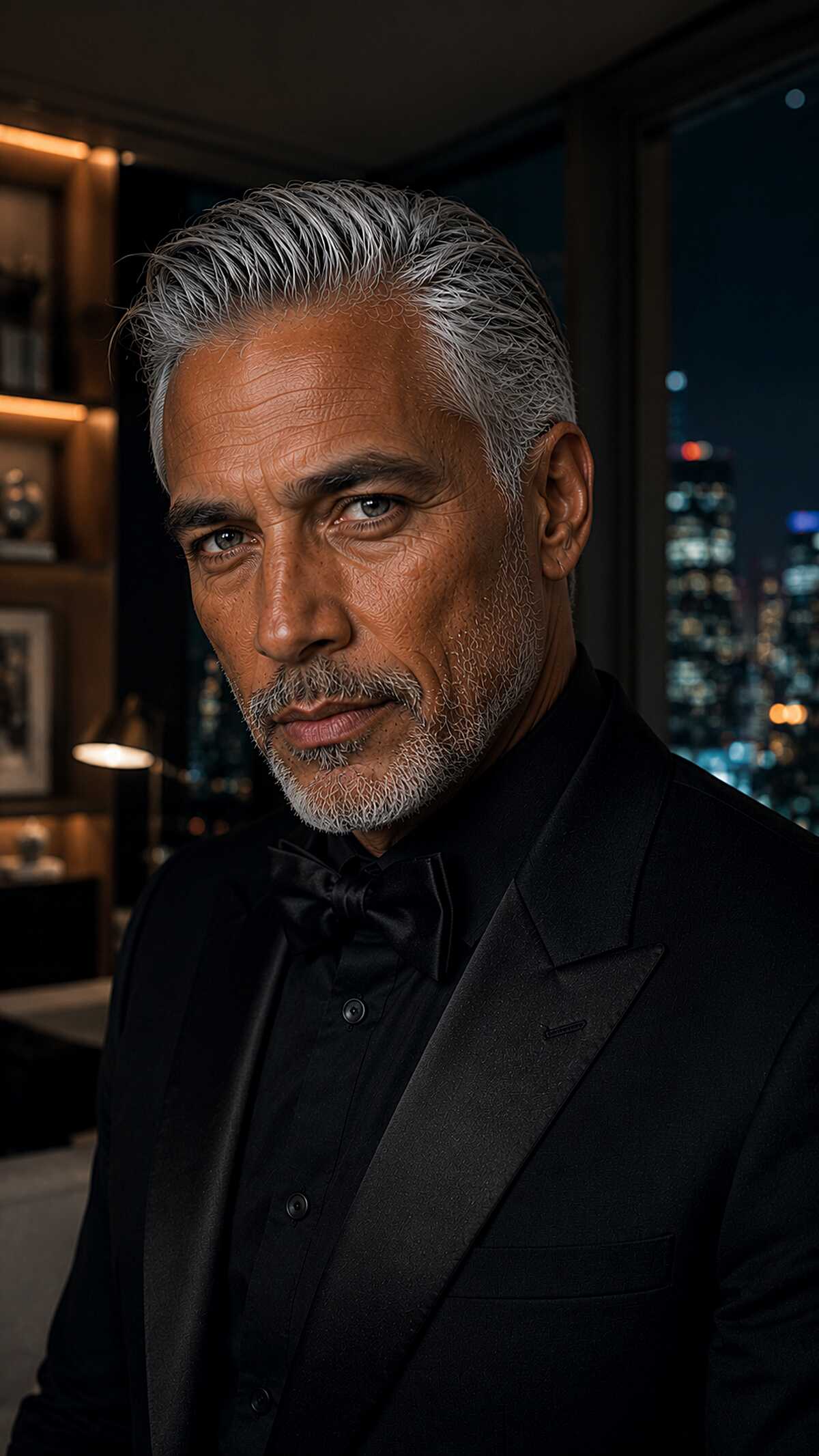 Slicked-back grey hair styled for formal wear