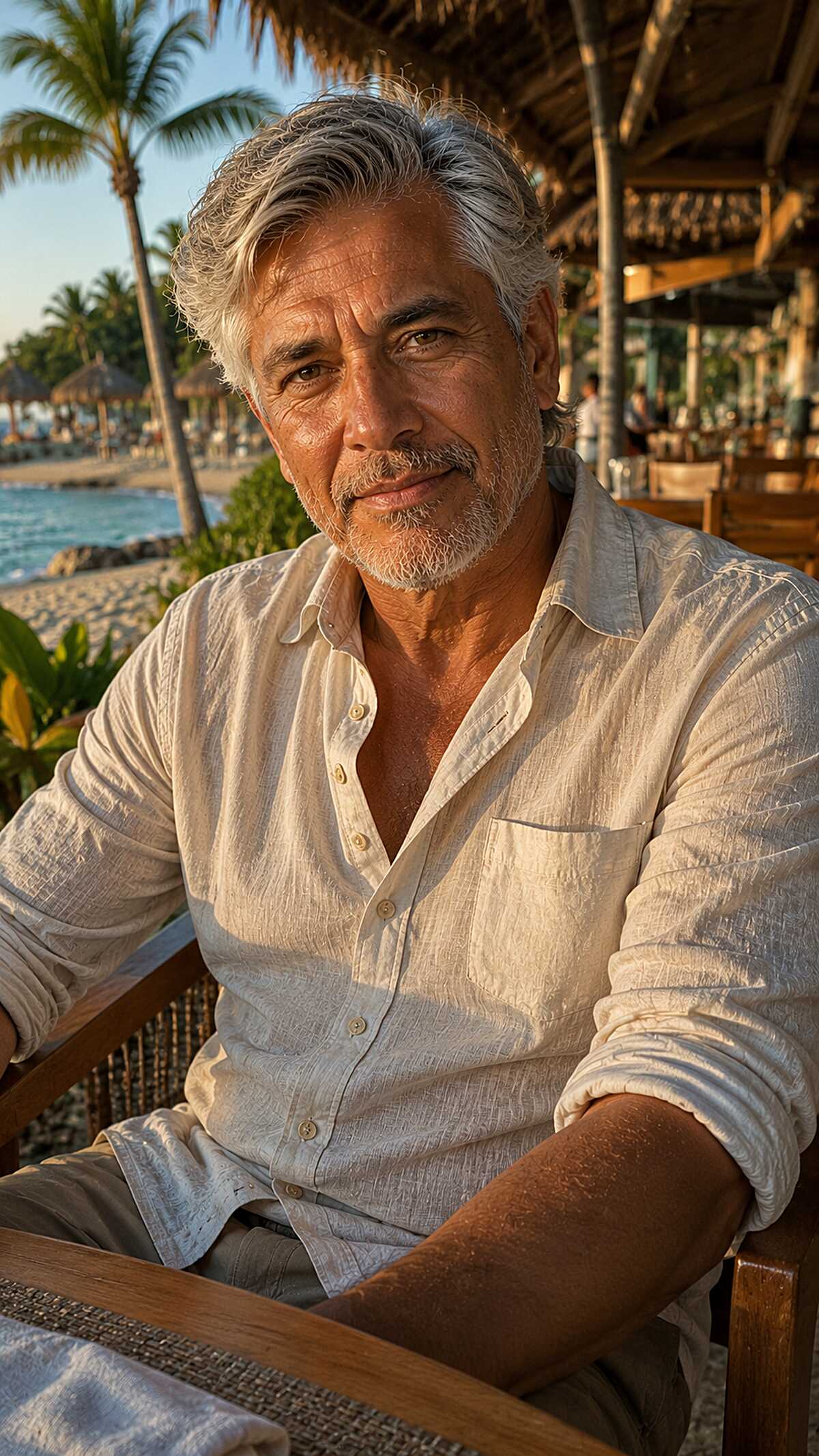 Wavy grey hair worn loose and relaxed at the beach