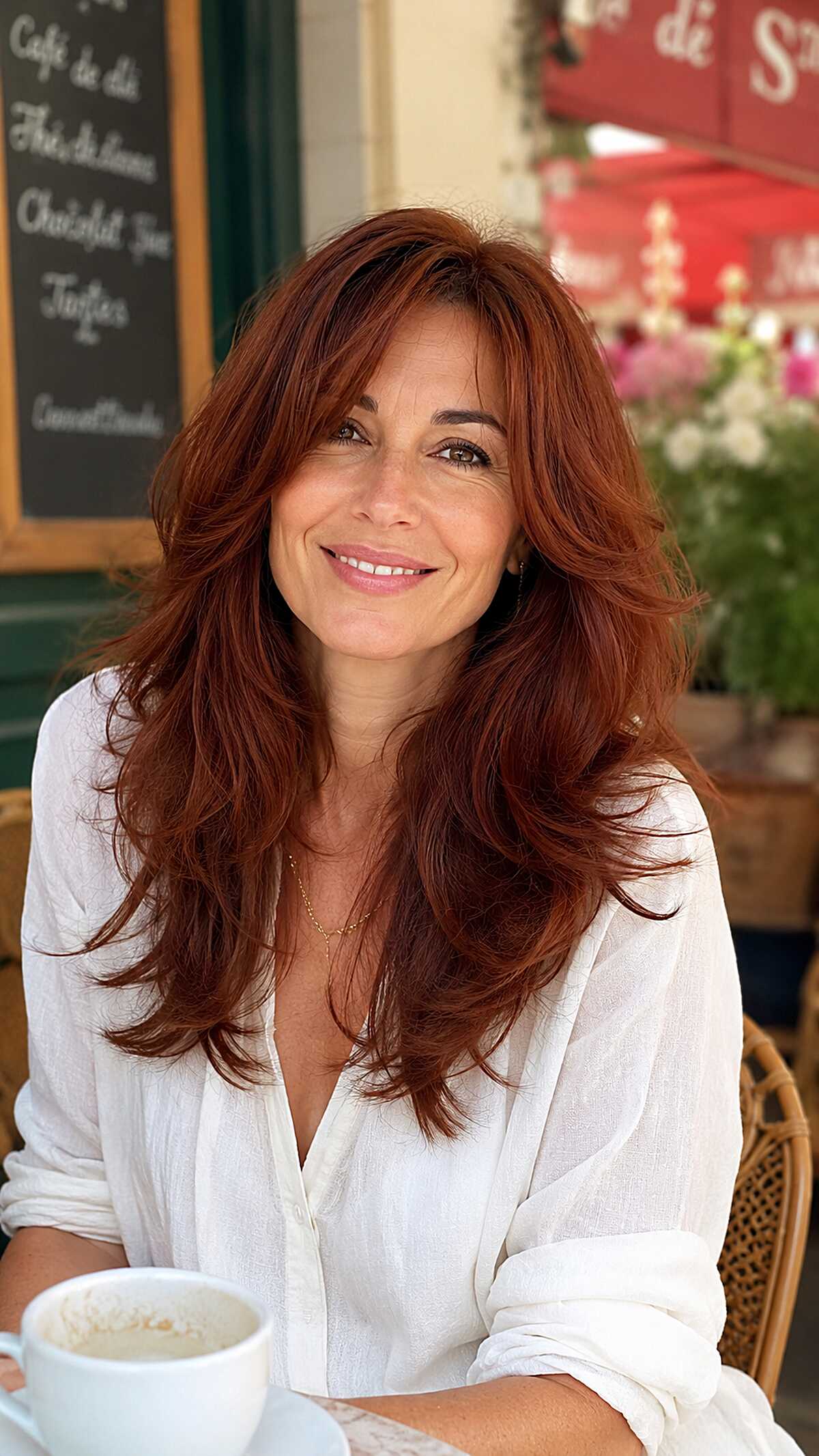 Rich Auburn Long Layers with Feathered Bangs