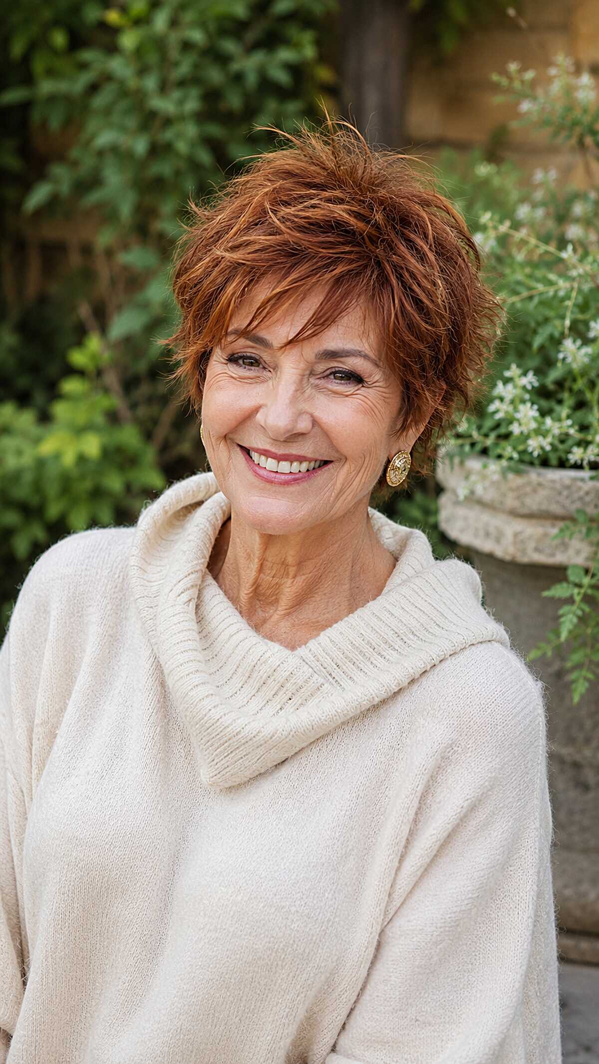 Rich auburn shaggy pixie with crown height over 60