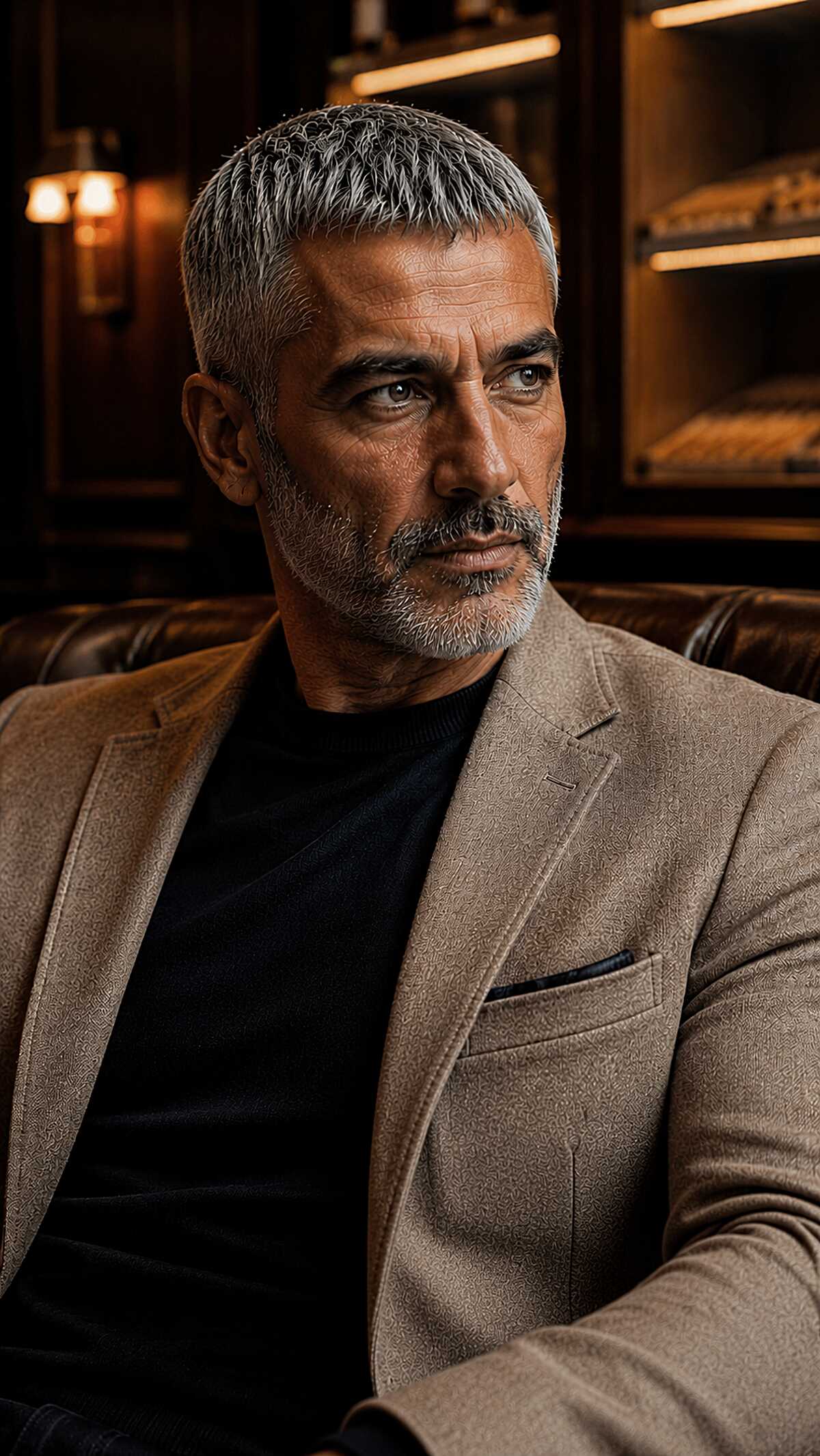 Salt-and-pepper buzzed hair with trimmed goatee