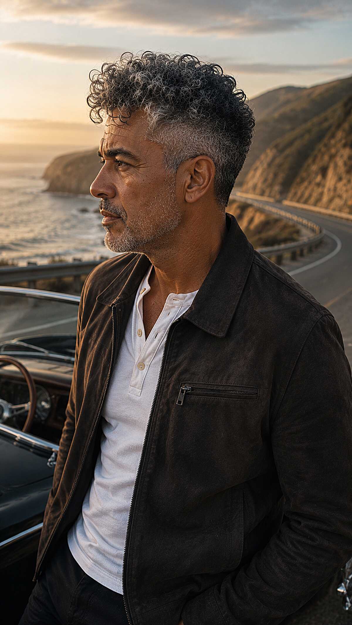 Salt-and-pepper curly top with short faded sides