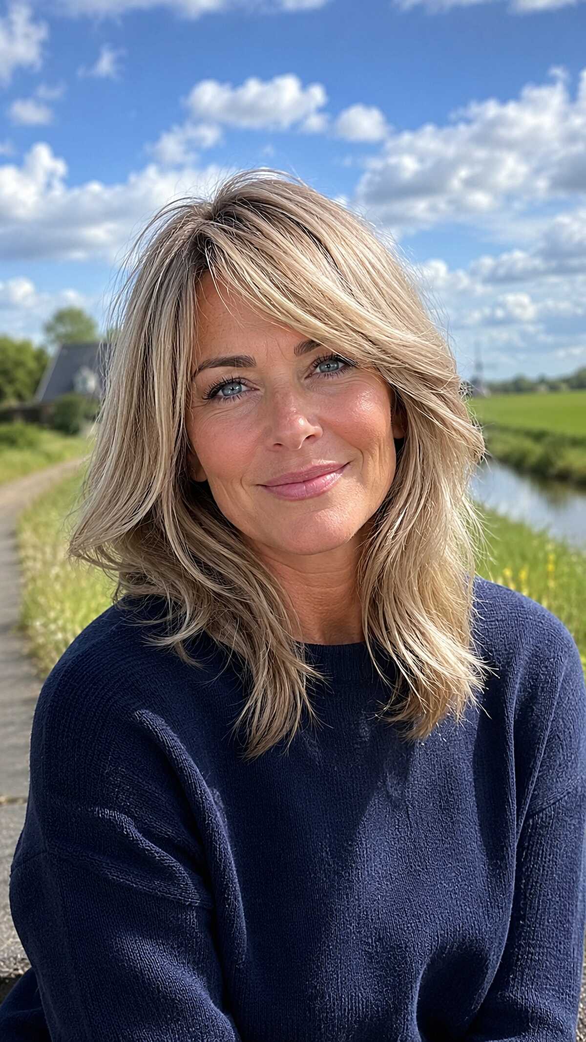 Sandy Blonde Choppy Medium Layers with Piece-y Bangs