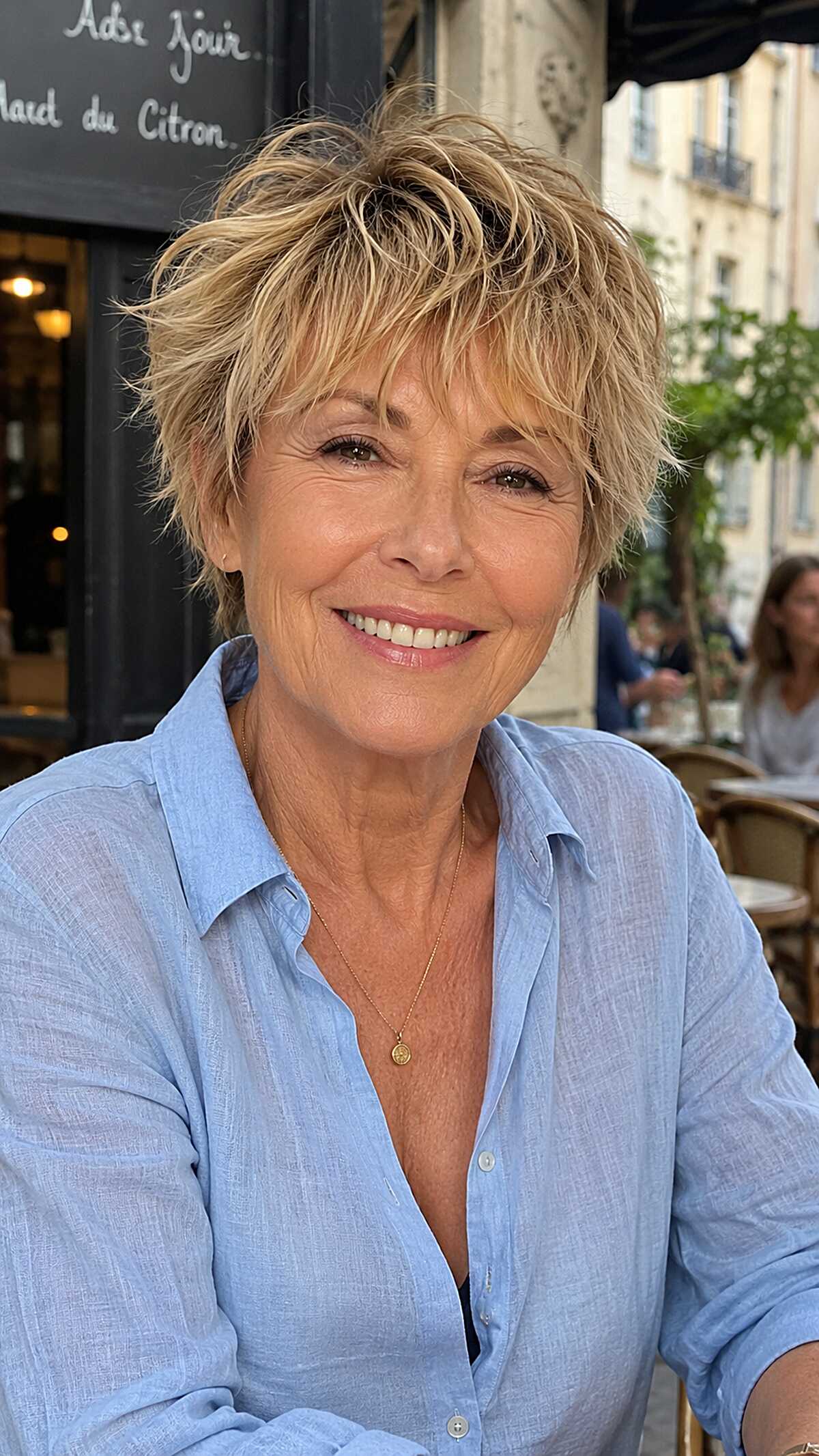 Sandy blonde textured pixie shag for women over 60