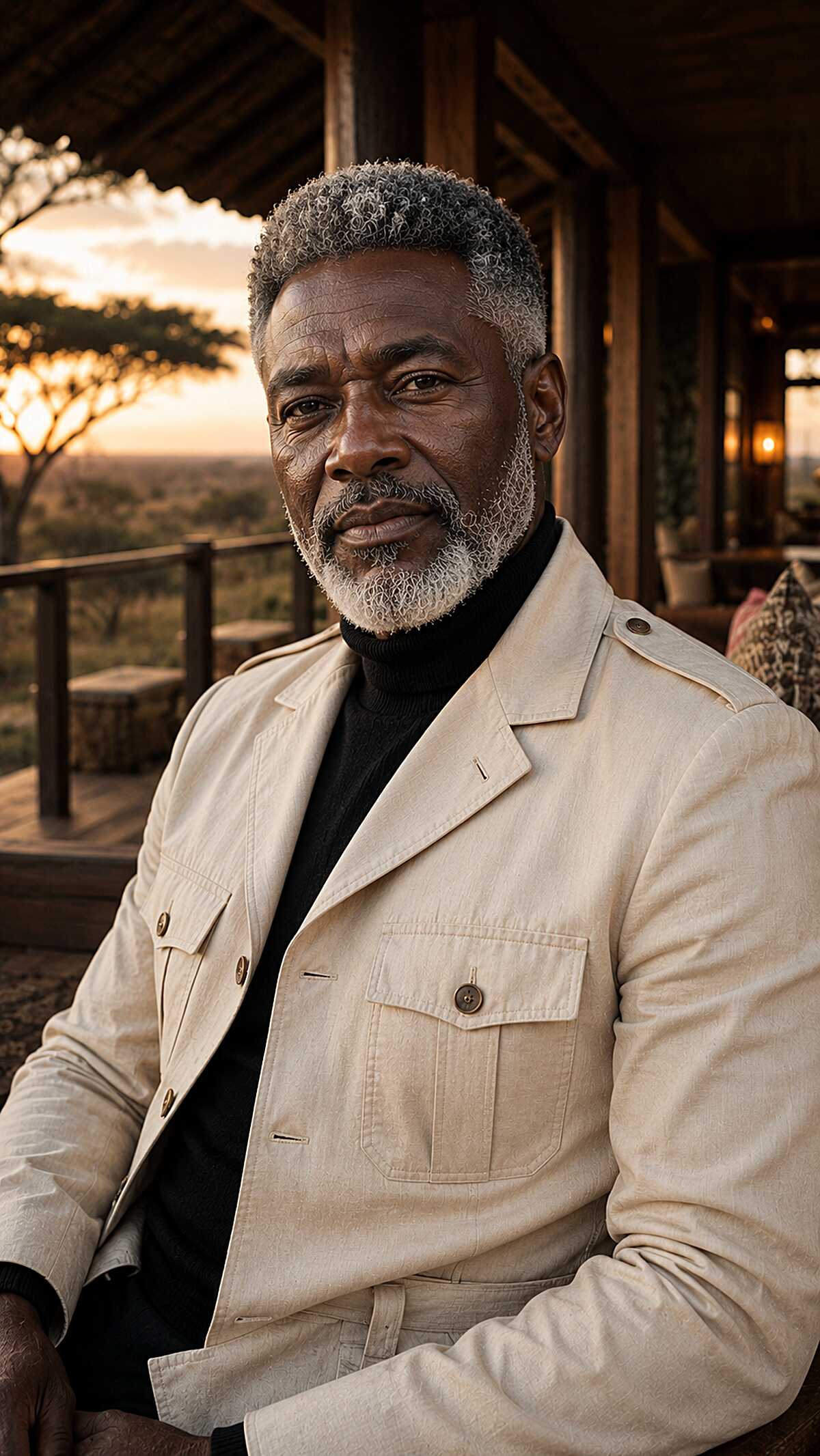 Short grey coily hair with a neatly trimmed beard
