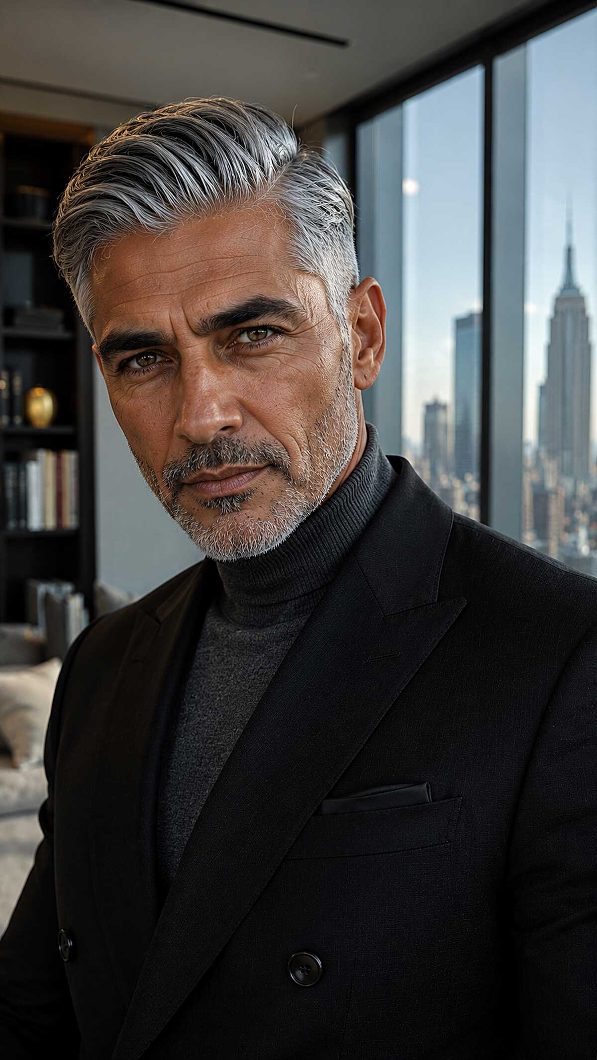 Silver grey hair with a strong side part and volume