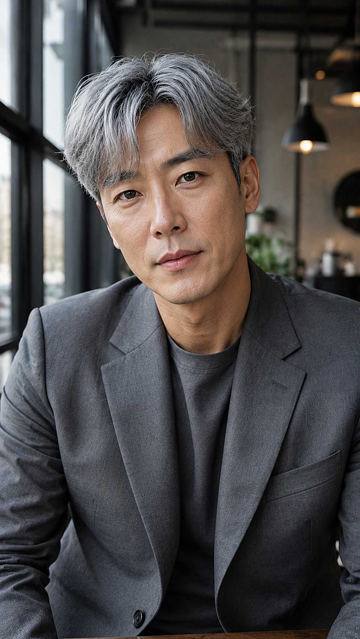 Layered silver hair with soft side-swept bangs