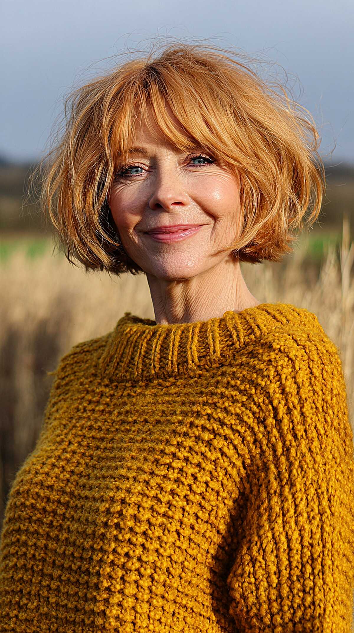Strawberry ginger shaggy bob with soft texture over 60
