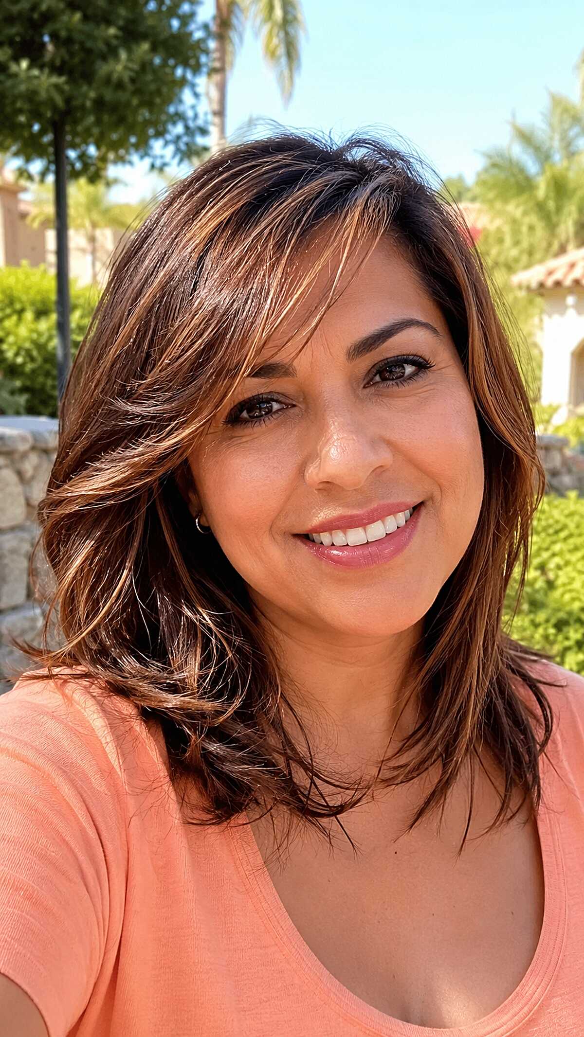 Sun-Kissed Brunette Layers with Caramel Highlights