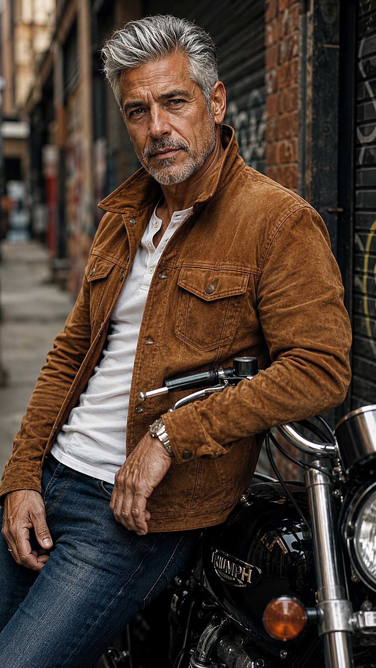 Swept-back silver grey hair with a rugged style