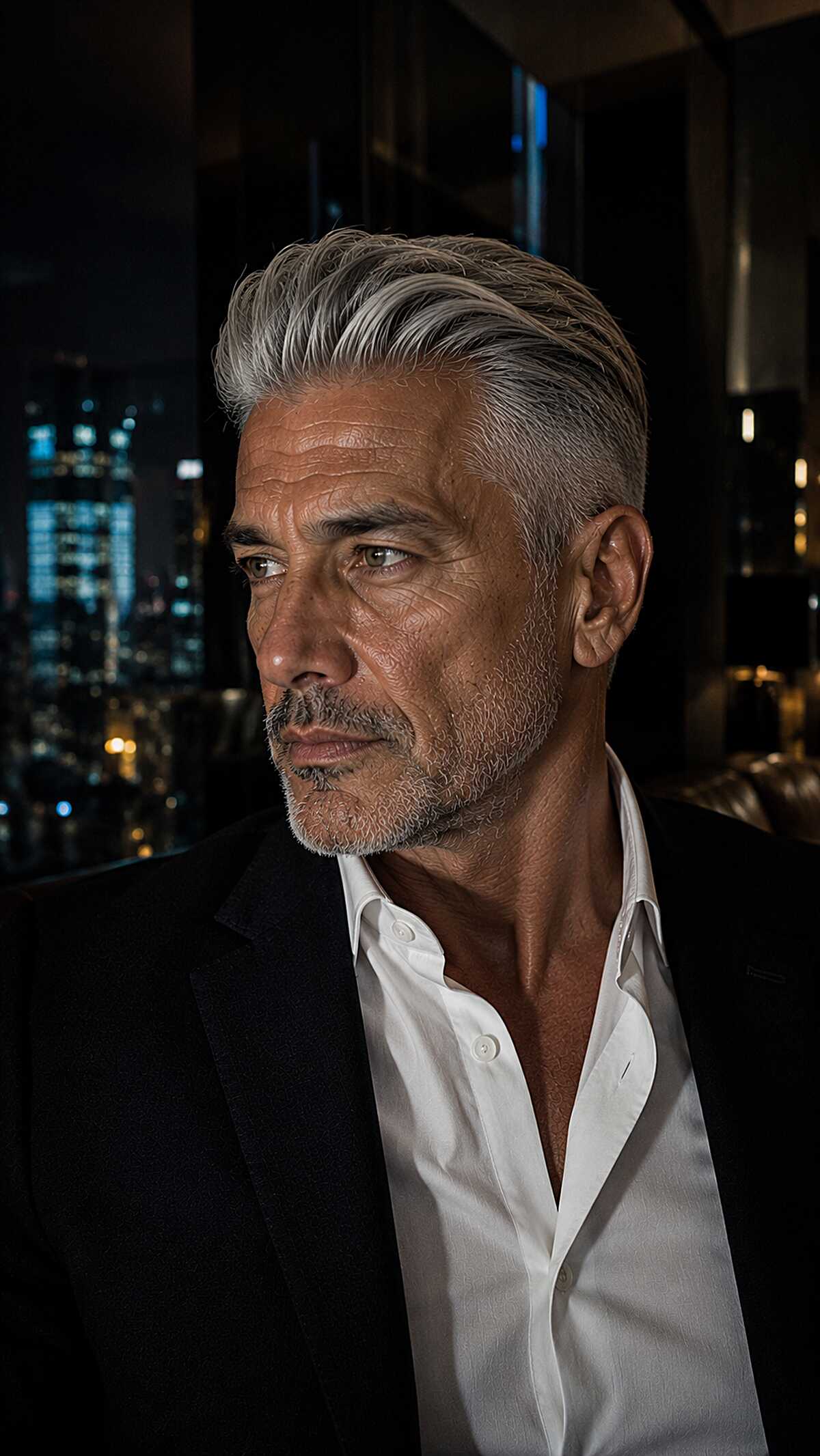 Full silver hair swept back with tapered sides