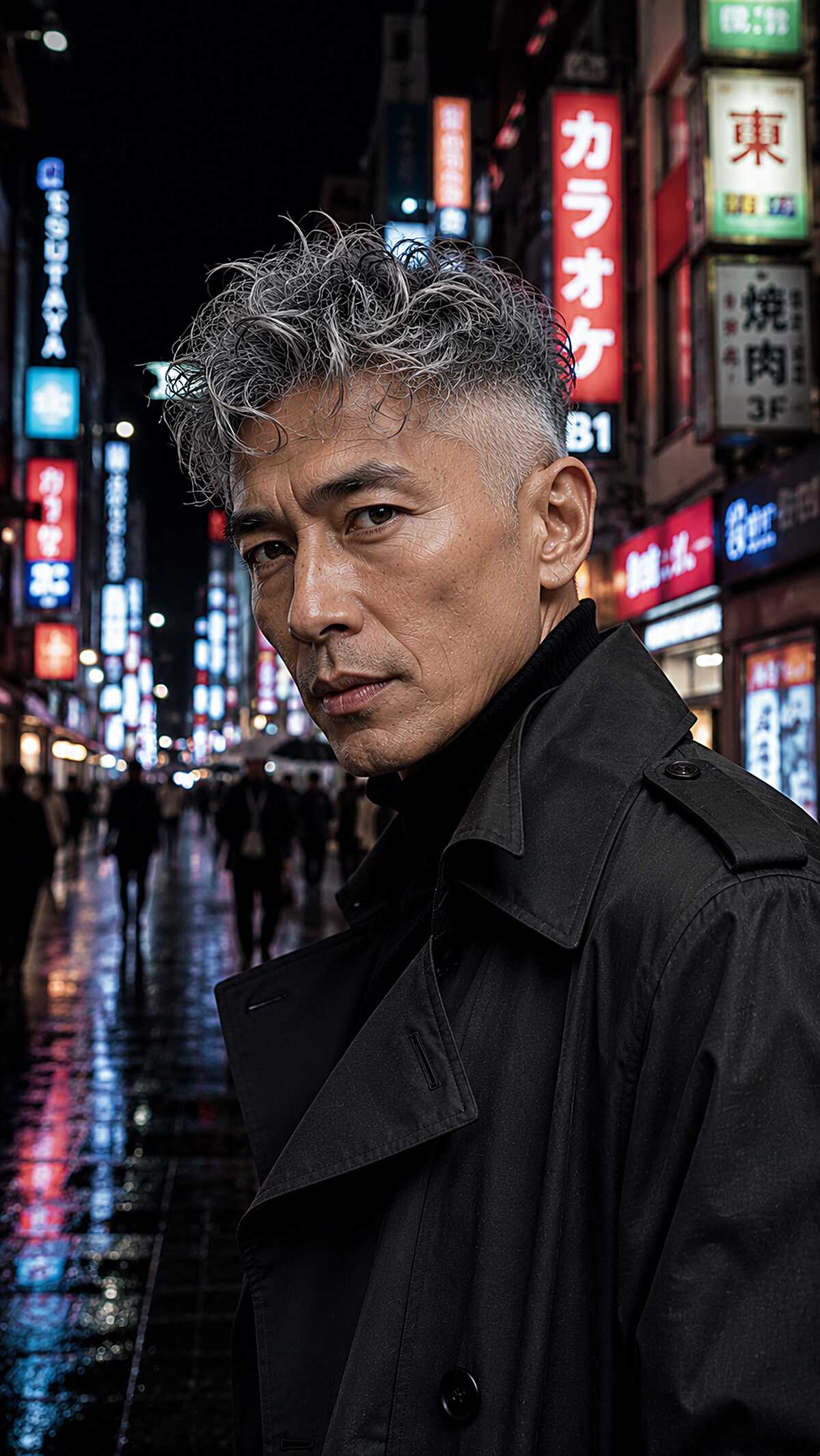 Textured grey curls on top with faded sides