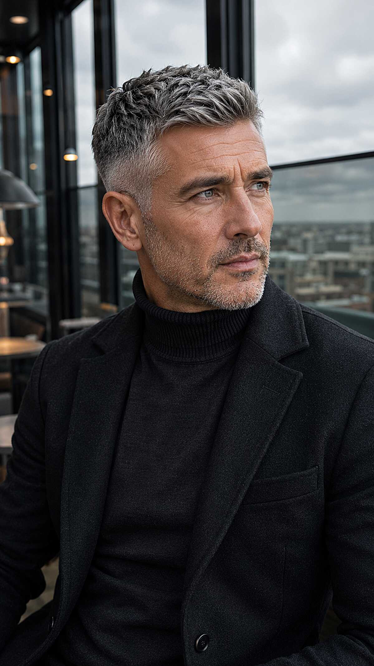 Textured grey French crop haircut with skin fade