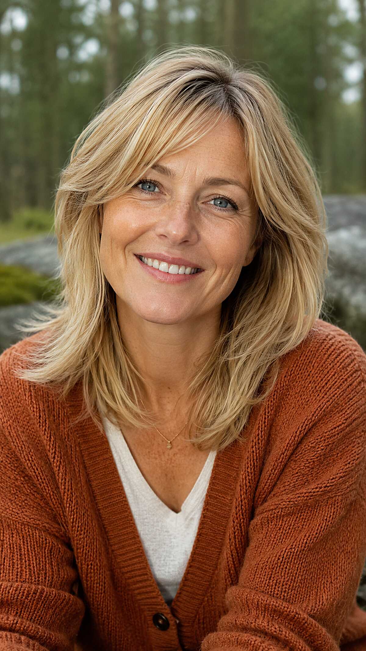 Tousled Blonde Medium Shag with Windswept Bangs