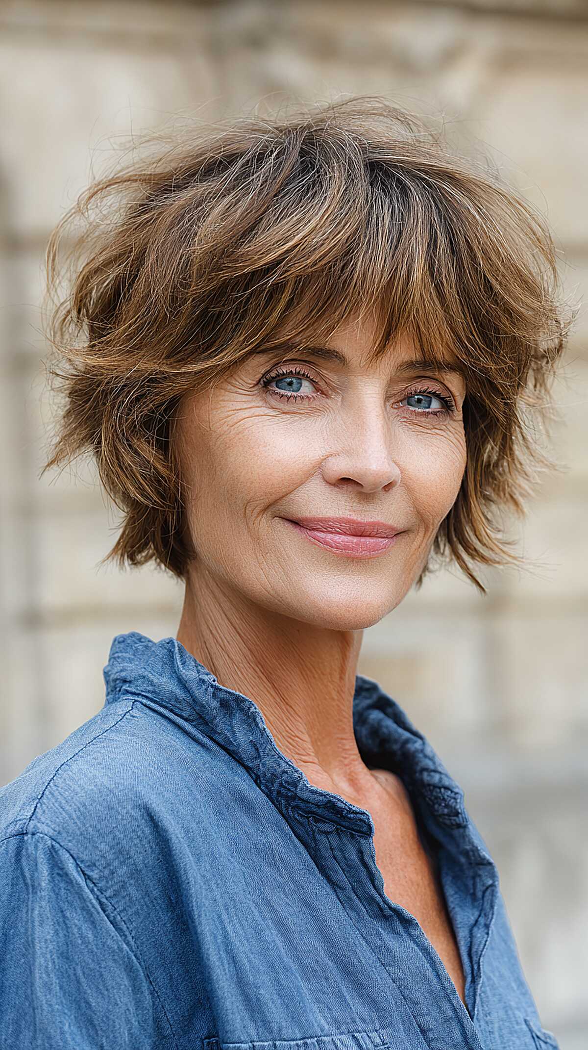 Tousled brunette shag with feathered bangs on a woman over 60