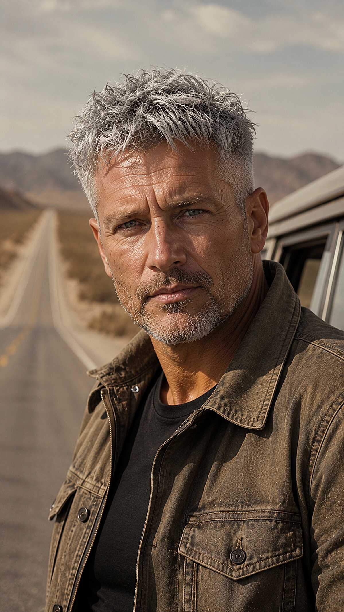 Short tousled grey hair with scruffy short beard