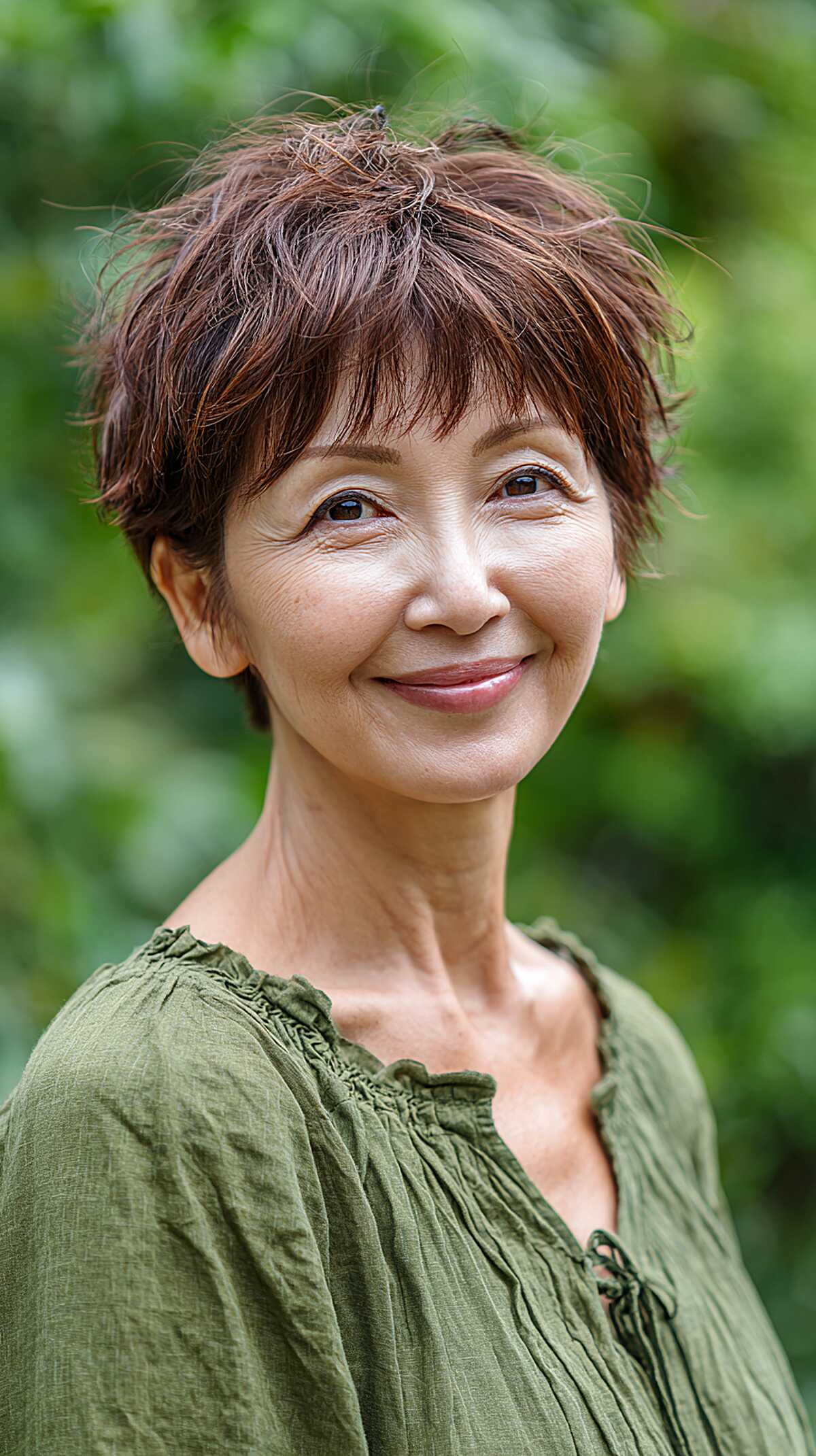 Tousled reddish-brown pixie shag for women over 60