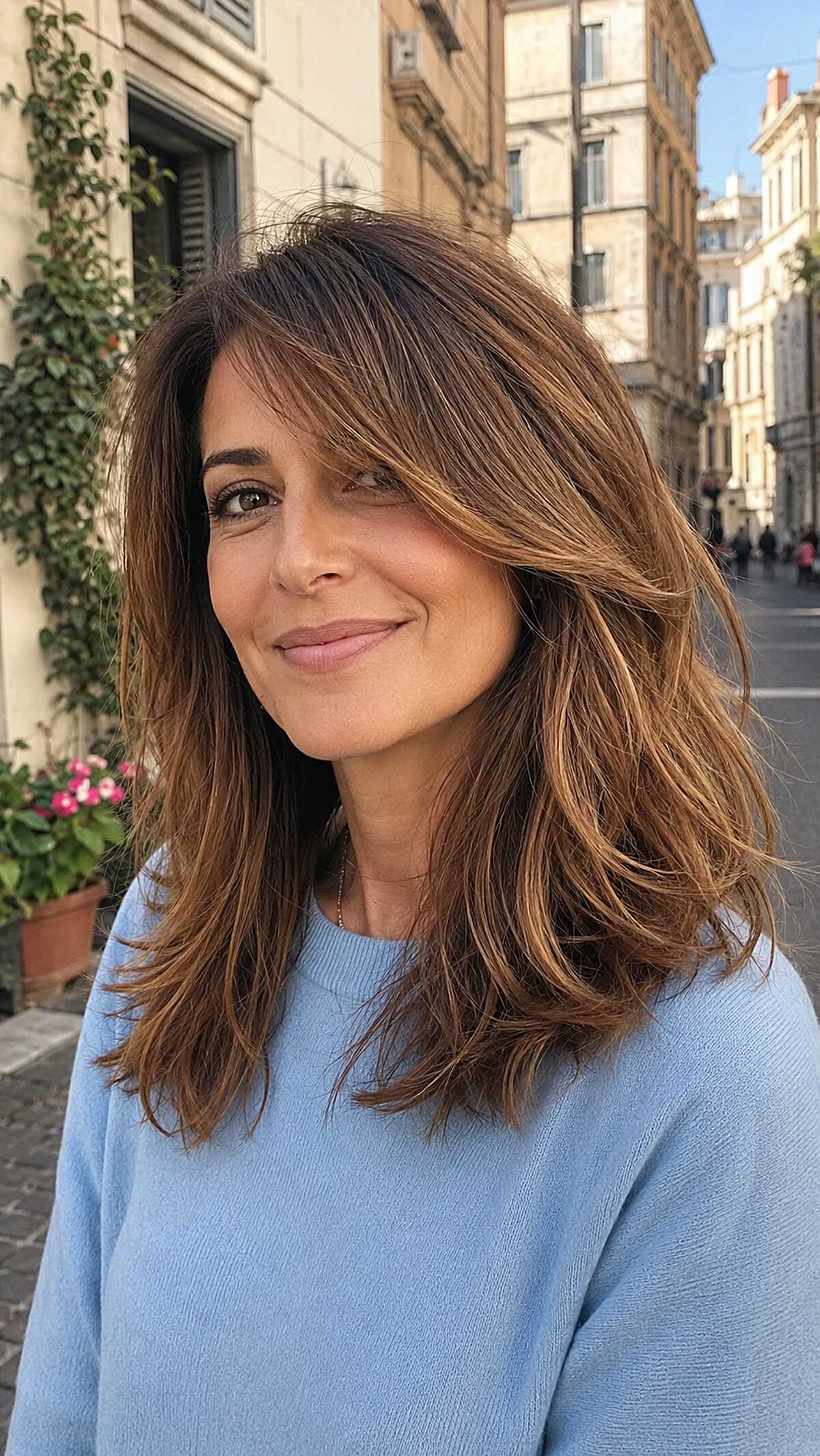 Warm Caramel Balayage on Layered Medium Hair