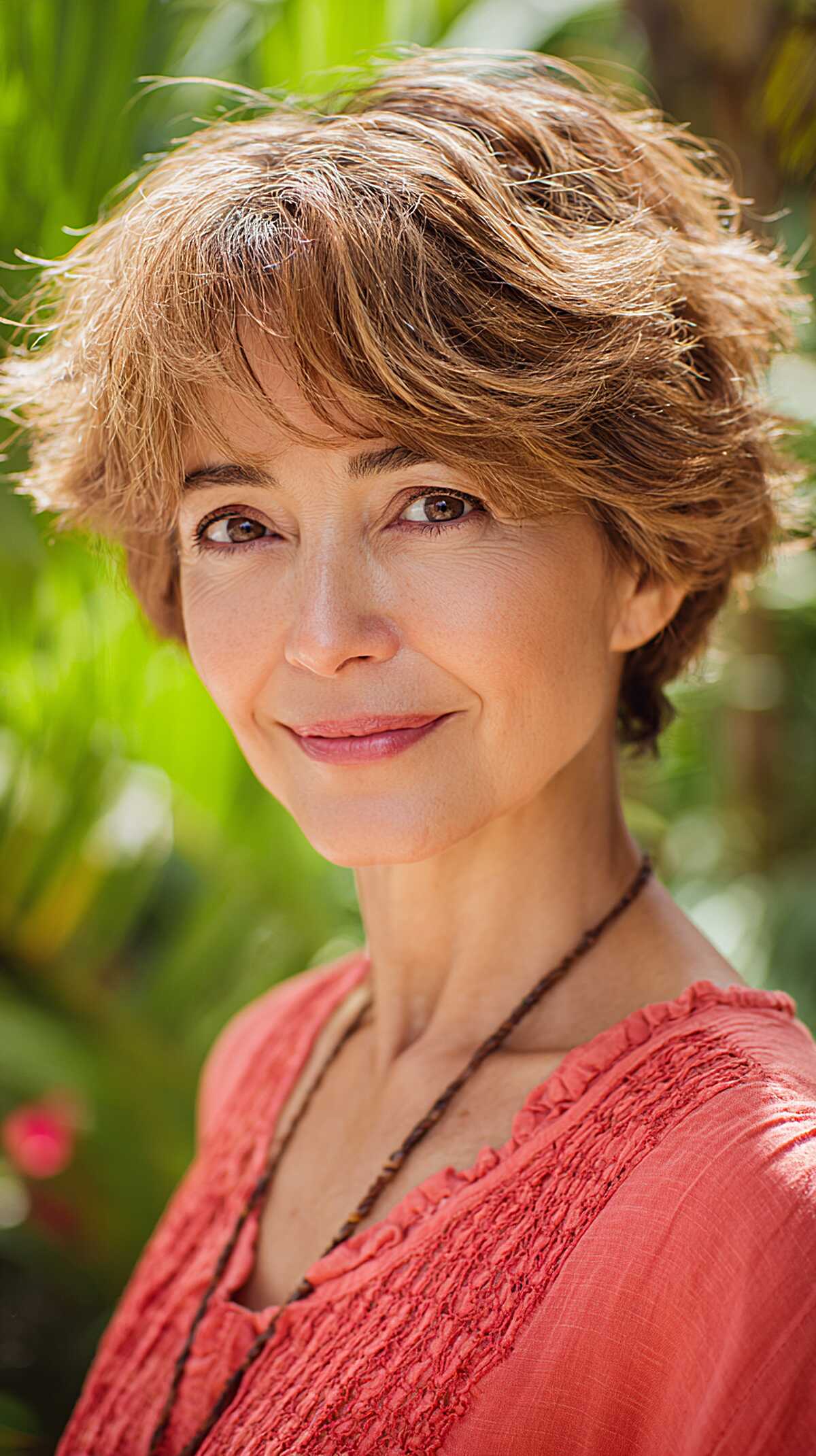 Warm caramel short shag with wispy fringe over 60