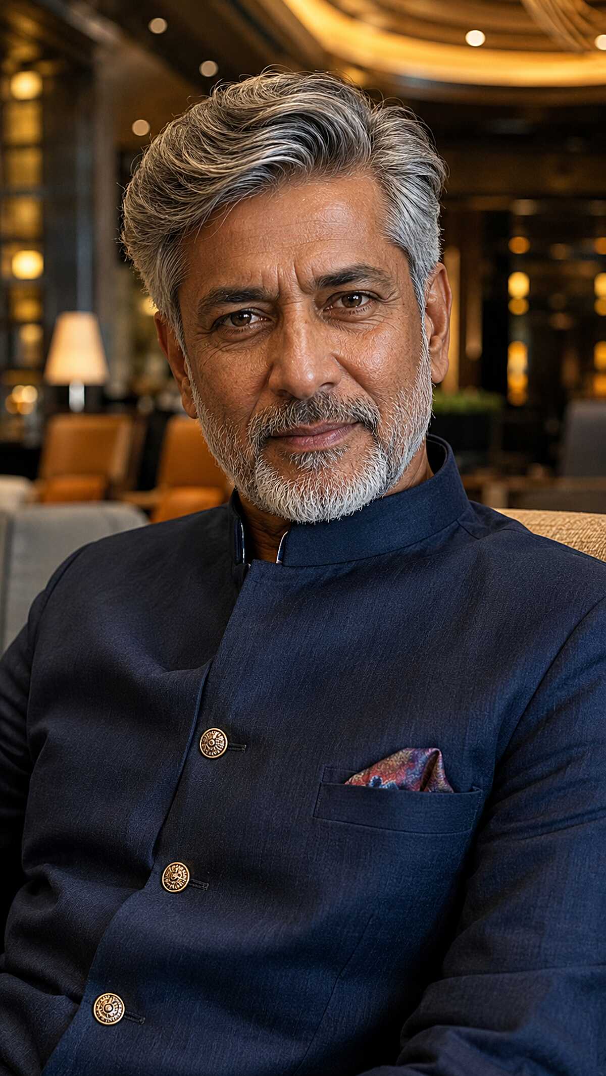 Wavy grey side-parted hair with full grey beard