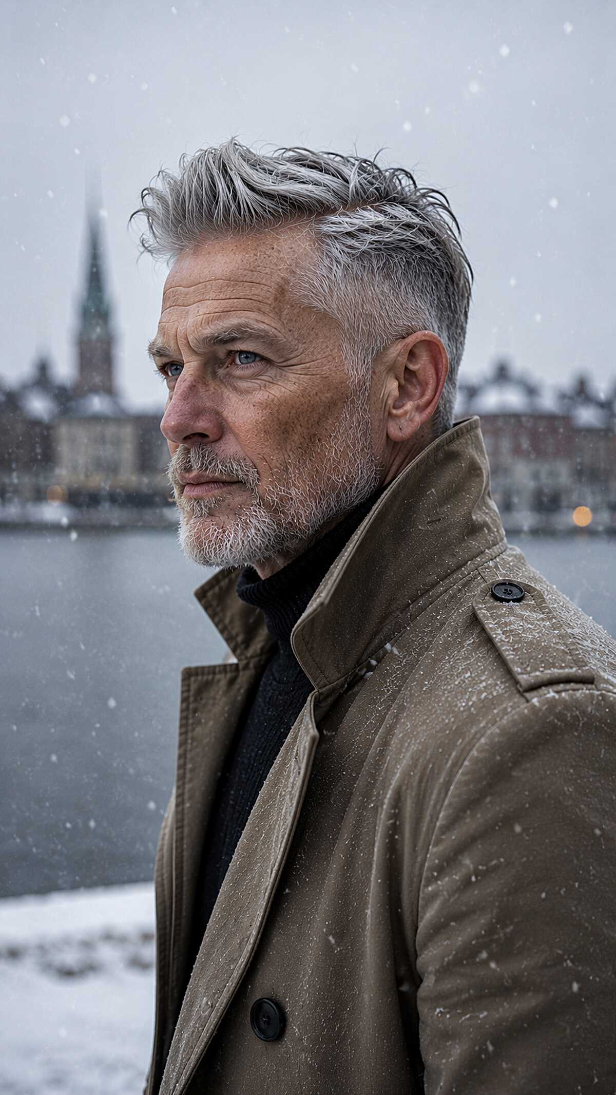 Windswept grey hair with textured height and fade