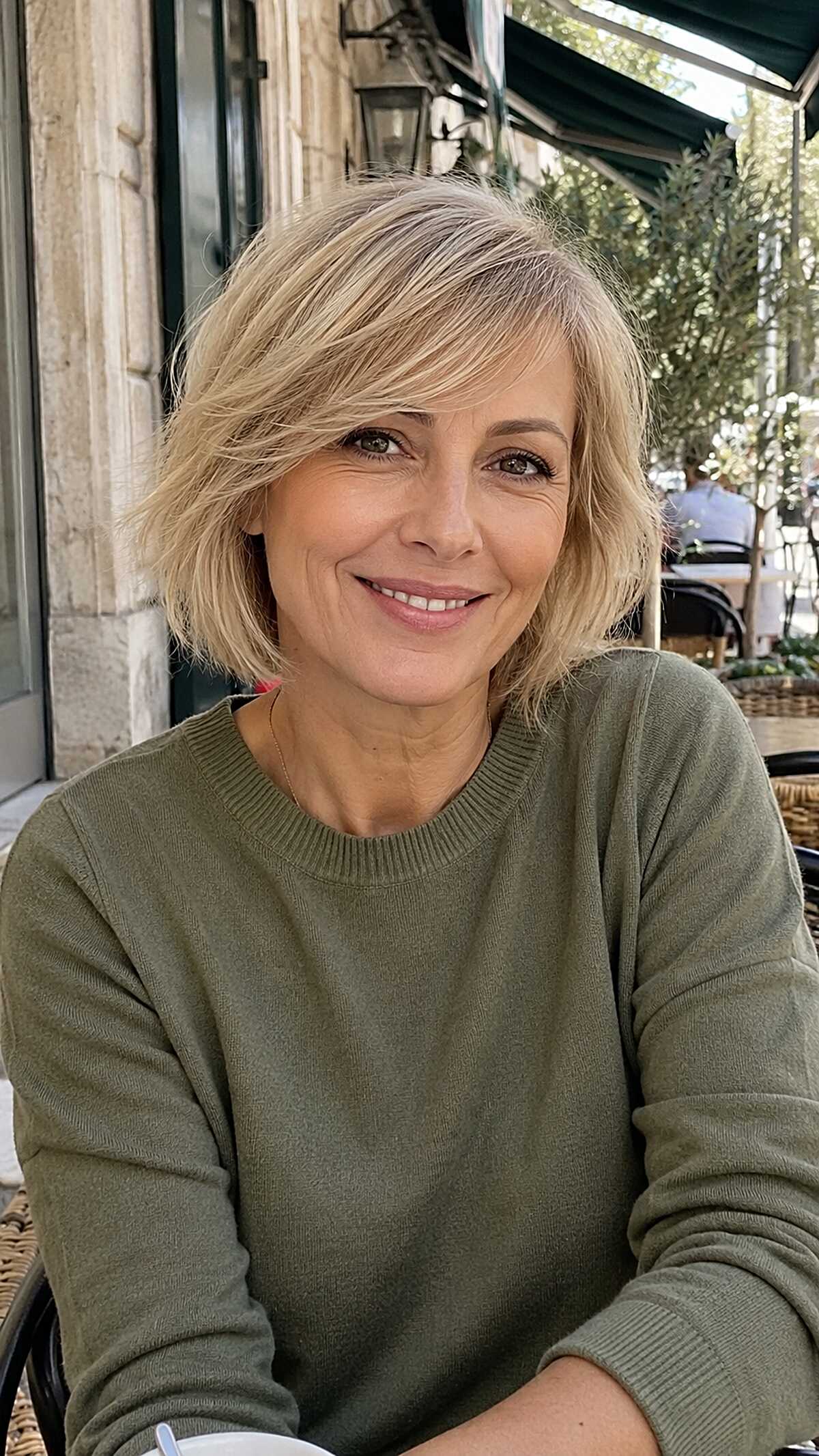 Ash blonde textured bob with side-swept fringe