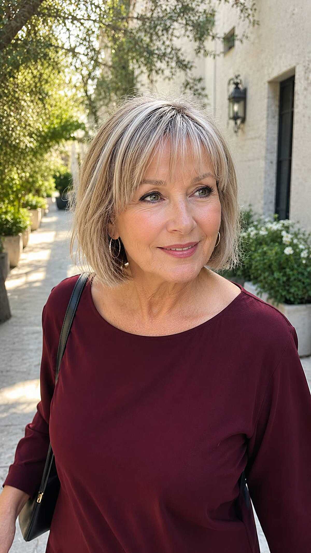 Ash blonde textured bob with wispy bangs outdoors