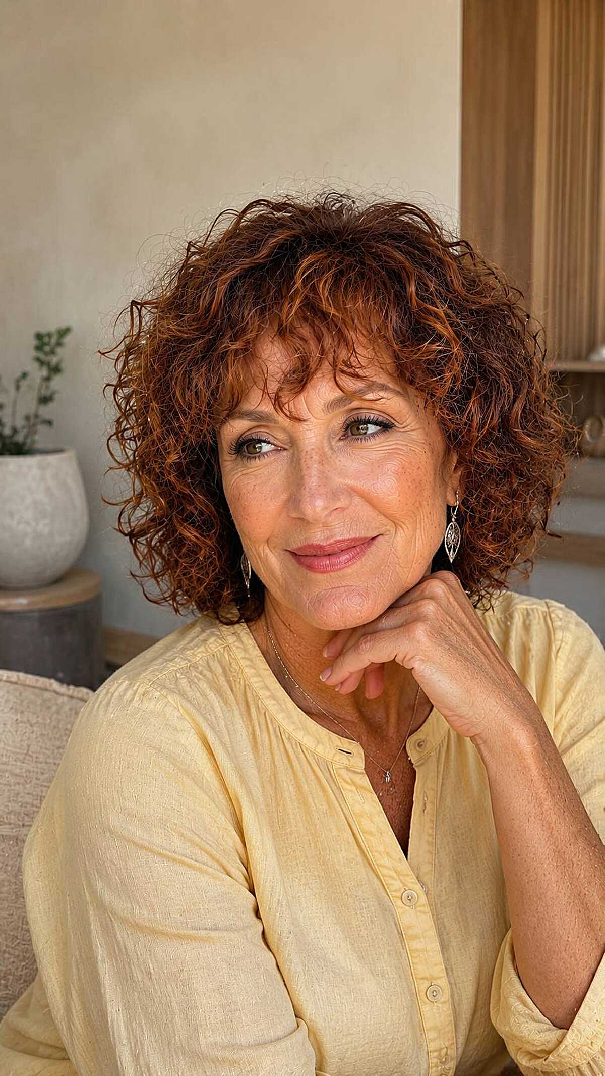 Auburn curly bob with defined curly bangs
