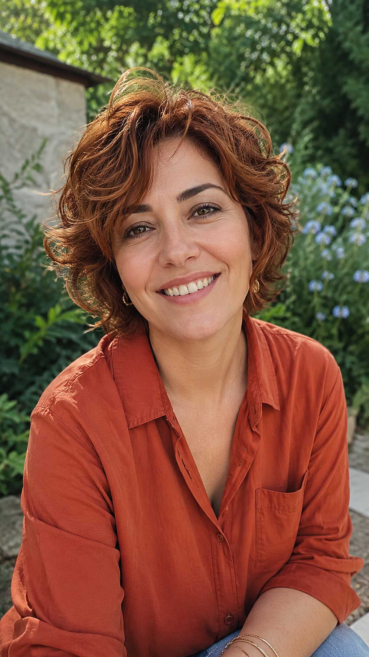 Short auburn curly crop with warm tones and volume
