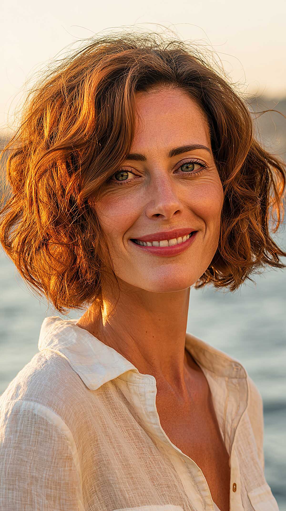 Chin-length auburn wavy bob with beachy layered texture