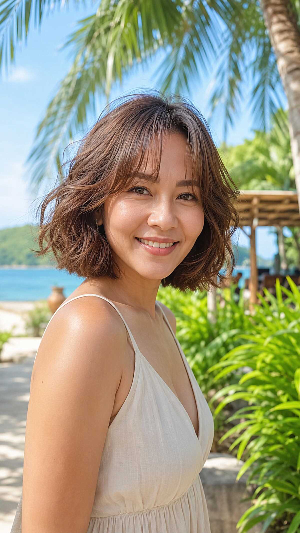 Wavy chin-length brown bob with soft curtain fringe