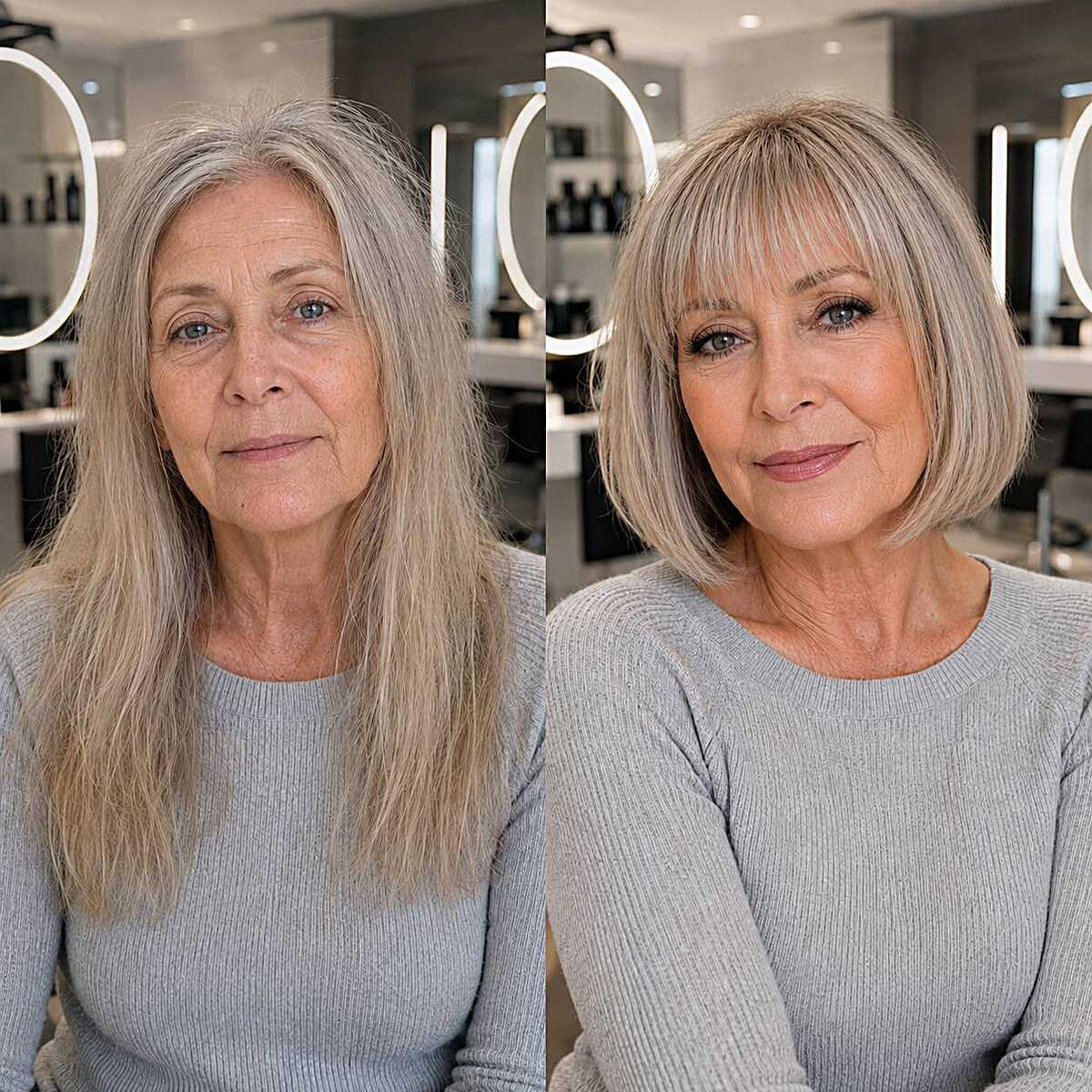 Before and after transformation to bob with full bangs