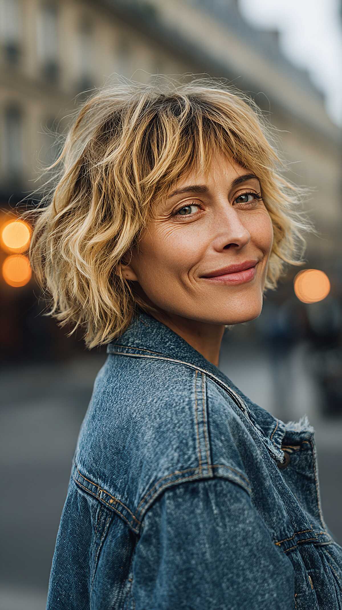 Blonde chin-length wavy shaggy bob with bangs