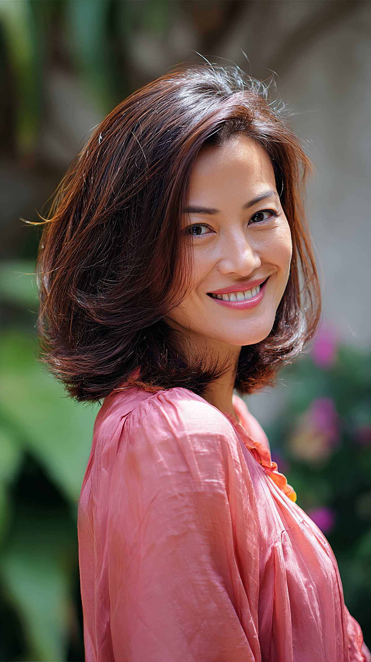 Dark brown layered bob with flipped-out ends and volume