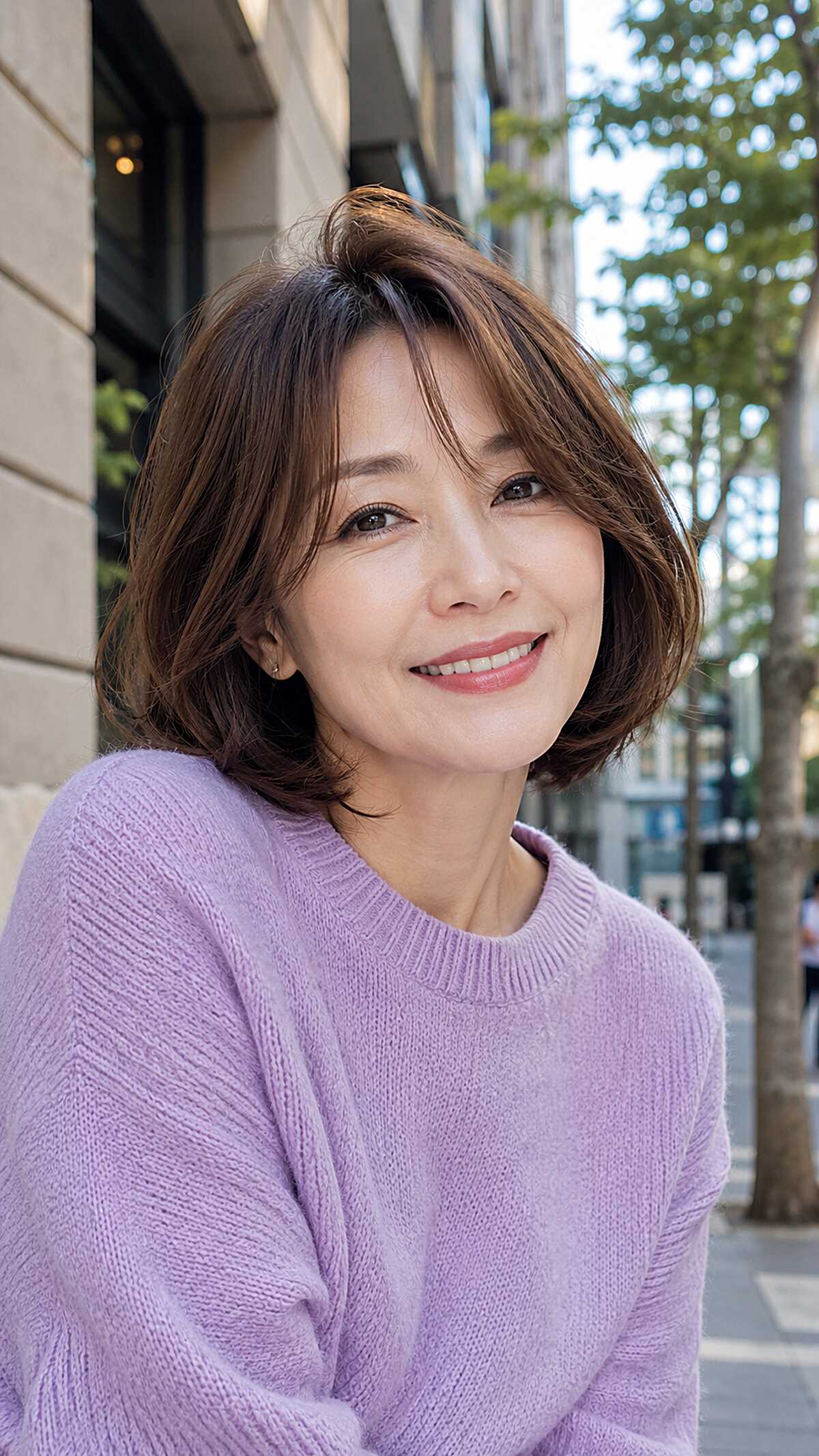 Bouncy warm brown chin-length bob with soft flipped ends