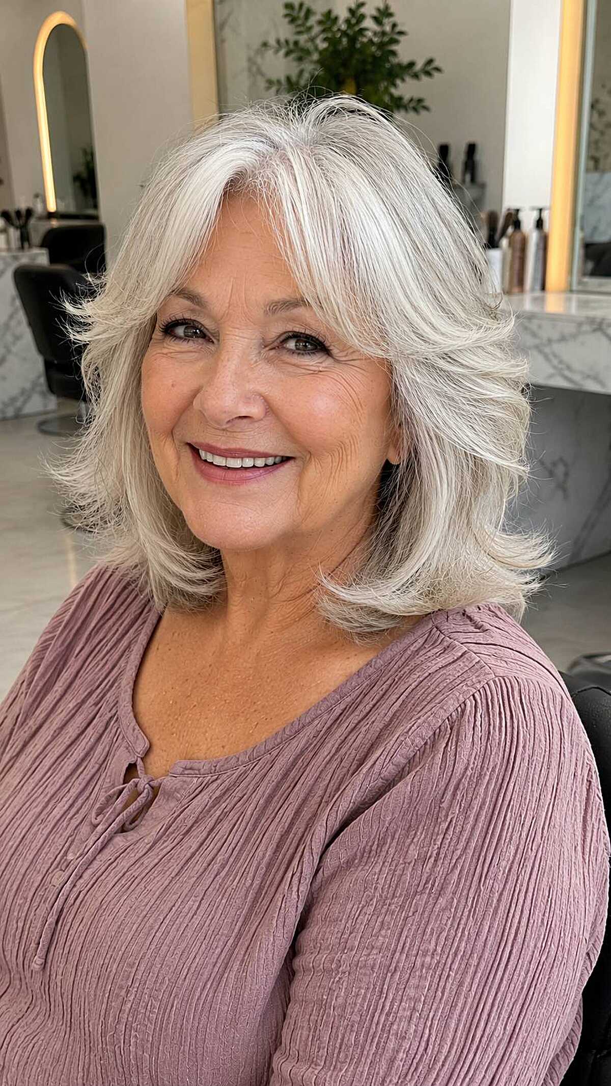 Bright silver medium layered hair with side-swept bangs