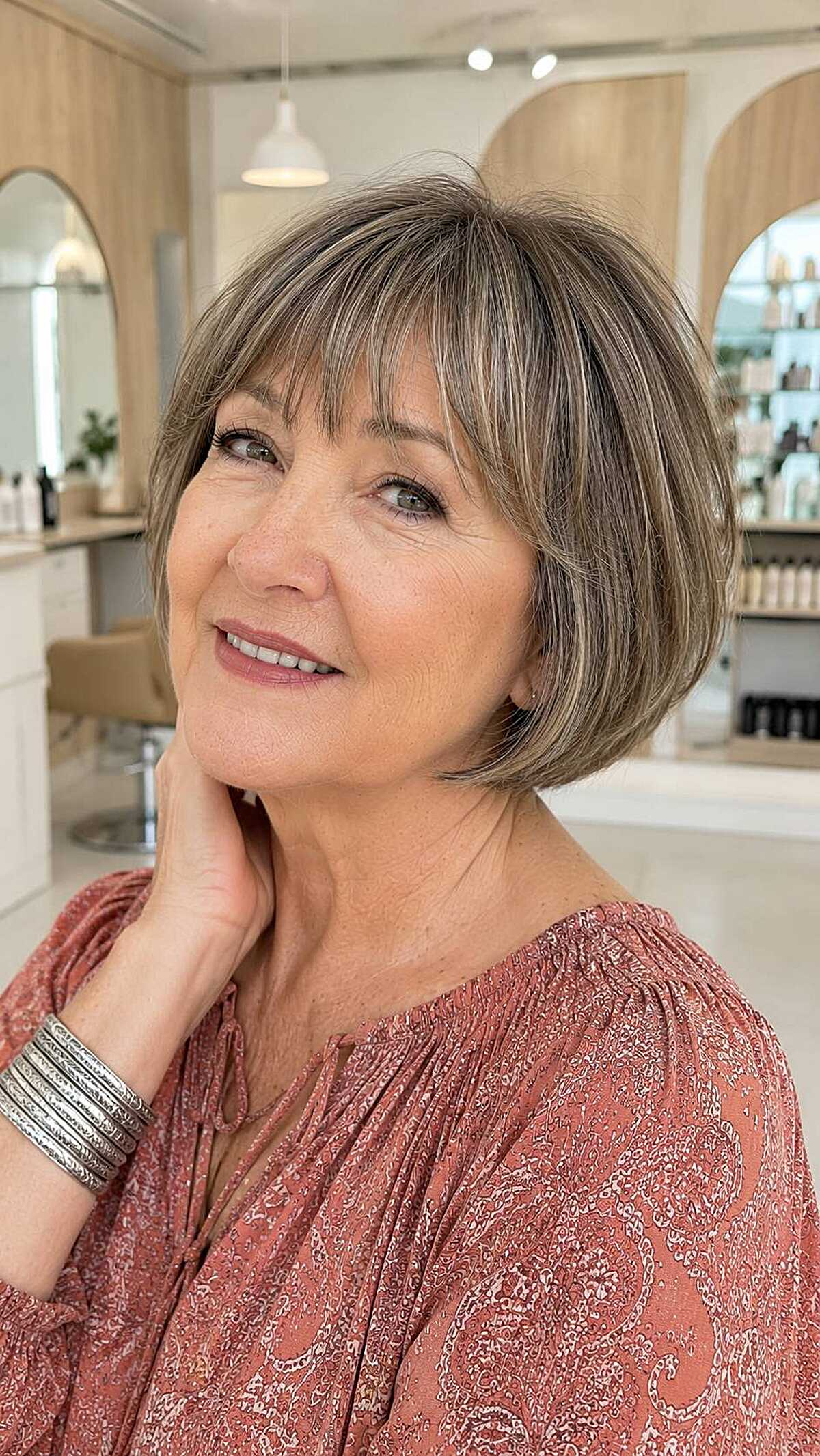 Bronde textured bob with full wispy bangs in salon