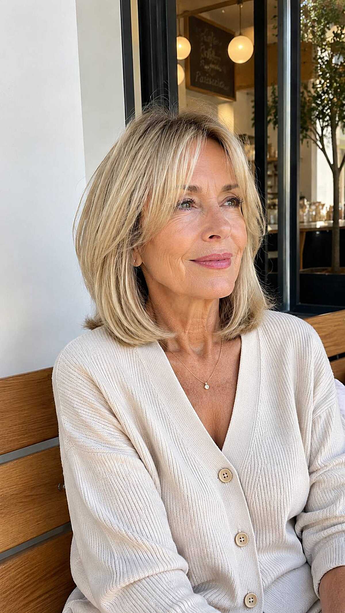 Buttery blonde lob with curtain bangs on older woman