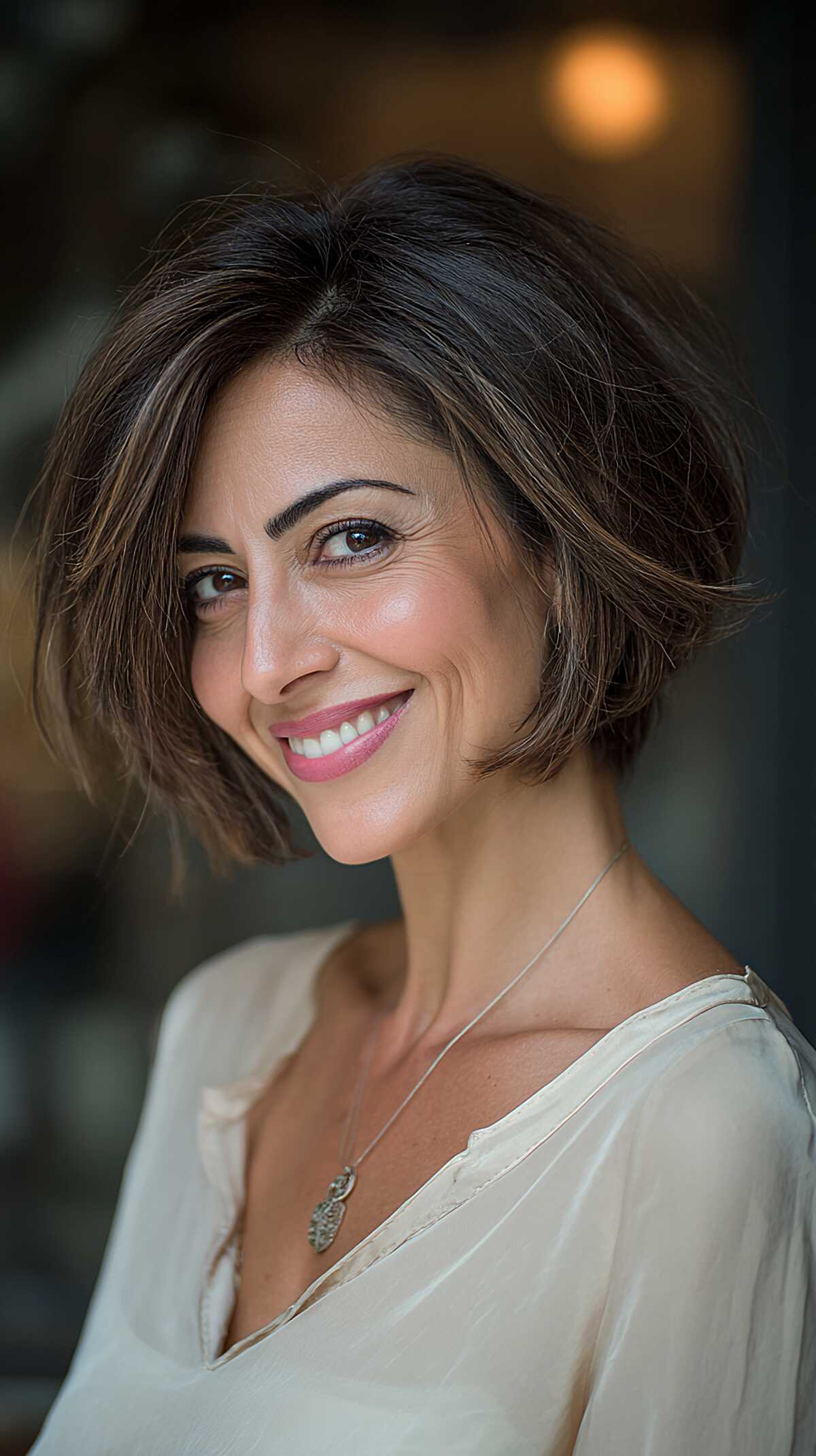 Dark brown chin-length bob with angled layers and volume