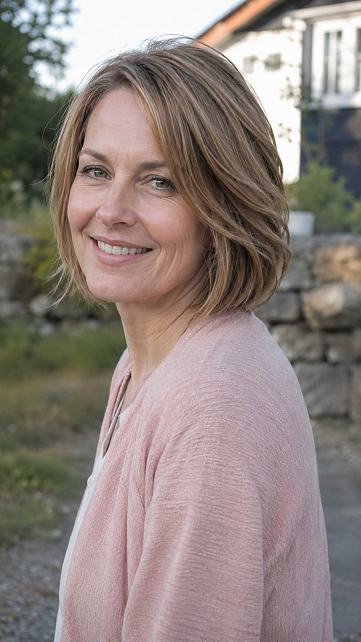 Dark blonde chin-length layered bob with loose natural wave