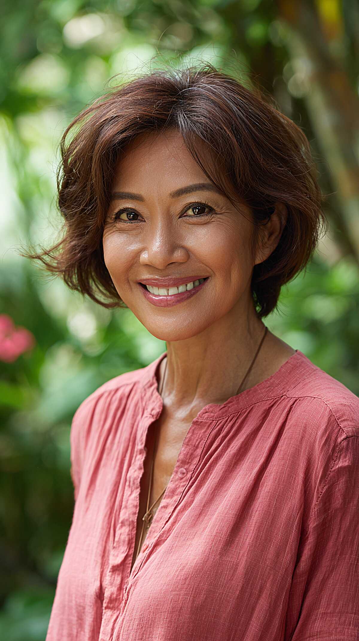 Reddish-brown chin-length wavy bob with layered fullness
